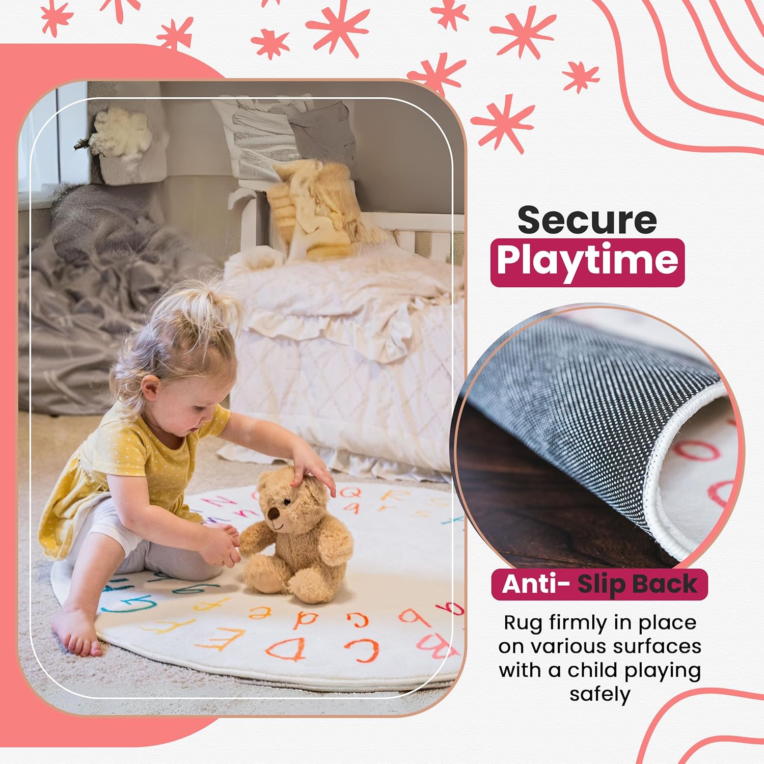 Alfombra ABC para habitación de niños, alfombra redonda del alfabeto de 39 pulgadas con letras mayúsculas y minúsculas, alfombra ABC para el