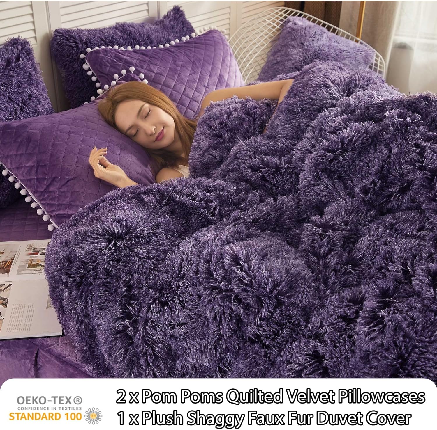 LIFEREVO – Juego de funda de duvet lujosa de felpa (1 funda de duvet de piel sintética + 2 fundas de almohada decorativa con borde de pompones),