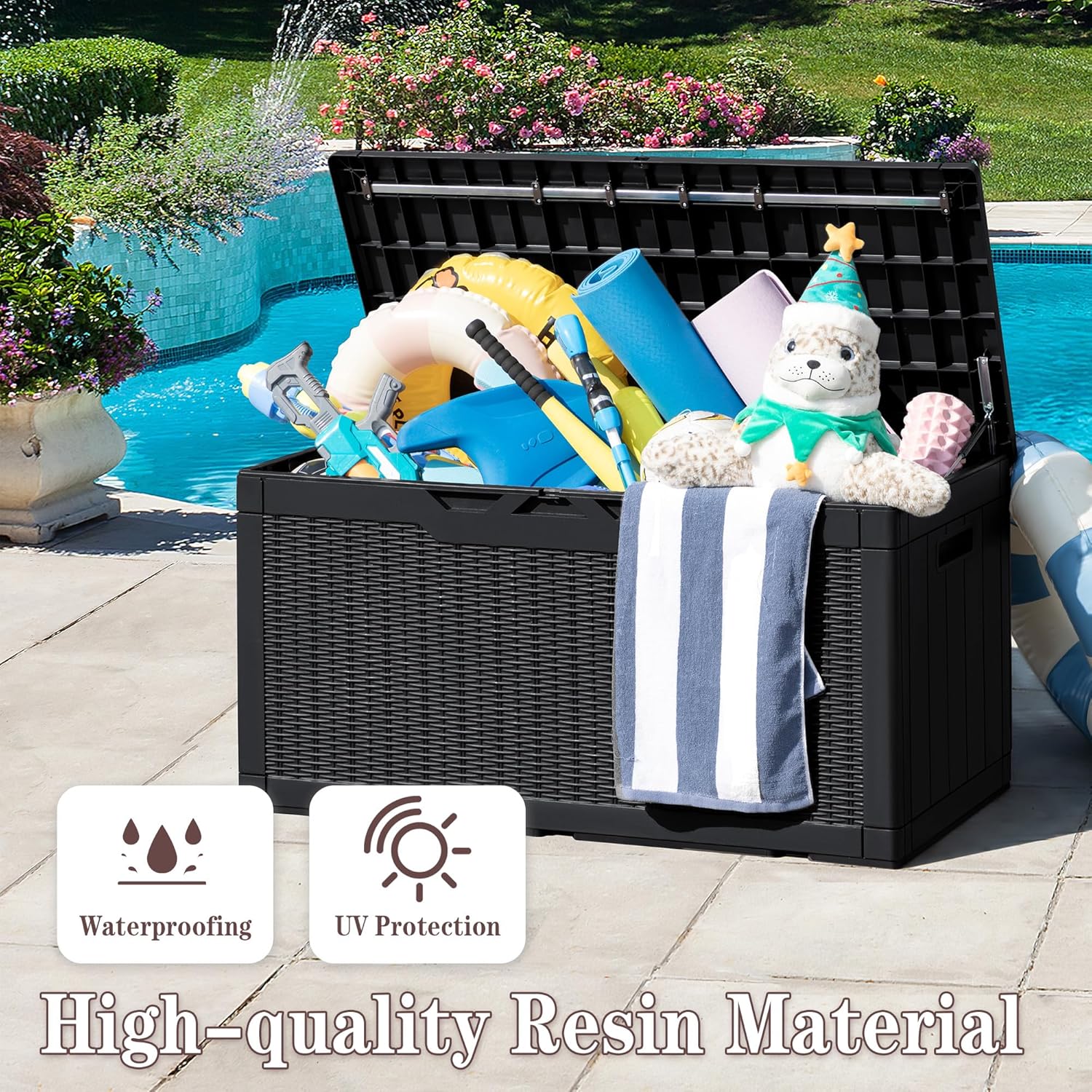 Greesum Caja de resina de 100 galones, cajas de almacenamiento grandes para exteriores con cojines para herramientas de jardín, almohadas para