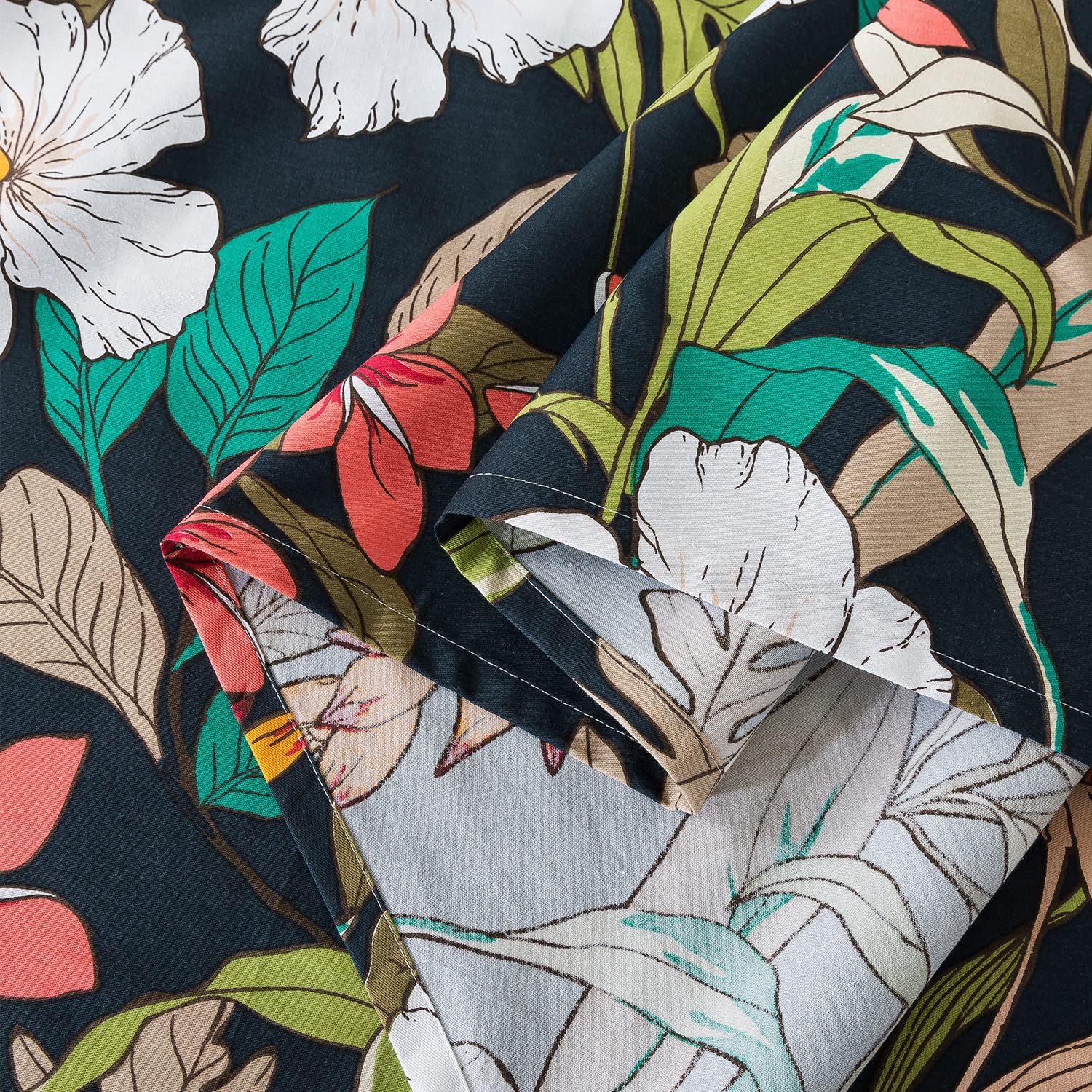 FADFAY Juego de sábanas de tamaño matrimonial con estampado floral negro y rojo, sábanas suaves de algodón de 600 hilos con estampado de hojas,