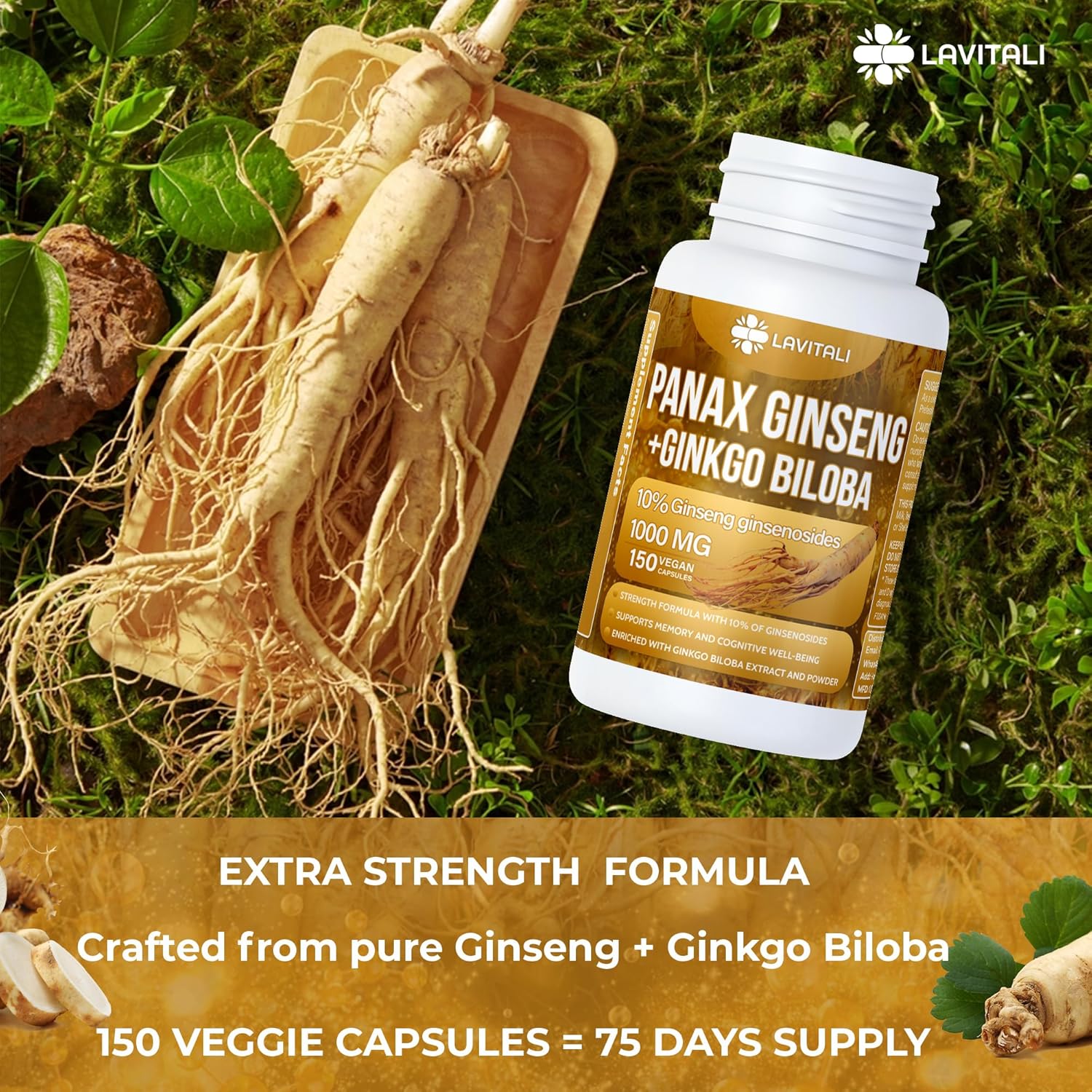 Ginseng & Ginkgo Biloba 150 cápsulas vegetales, polvo de extracto de raíz de ginseng energético, con extracto de ginkgo biloba, 100% natural y sin
