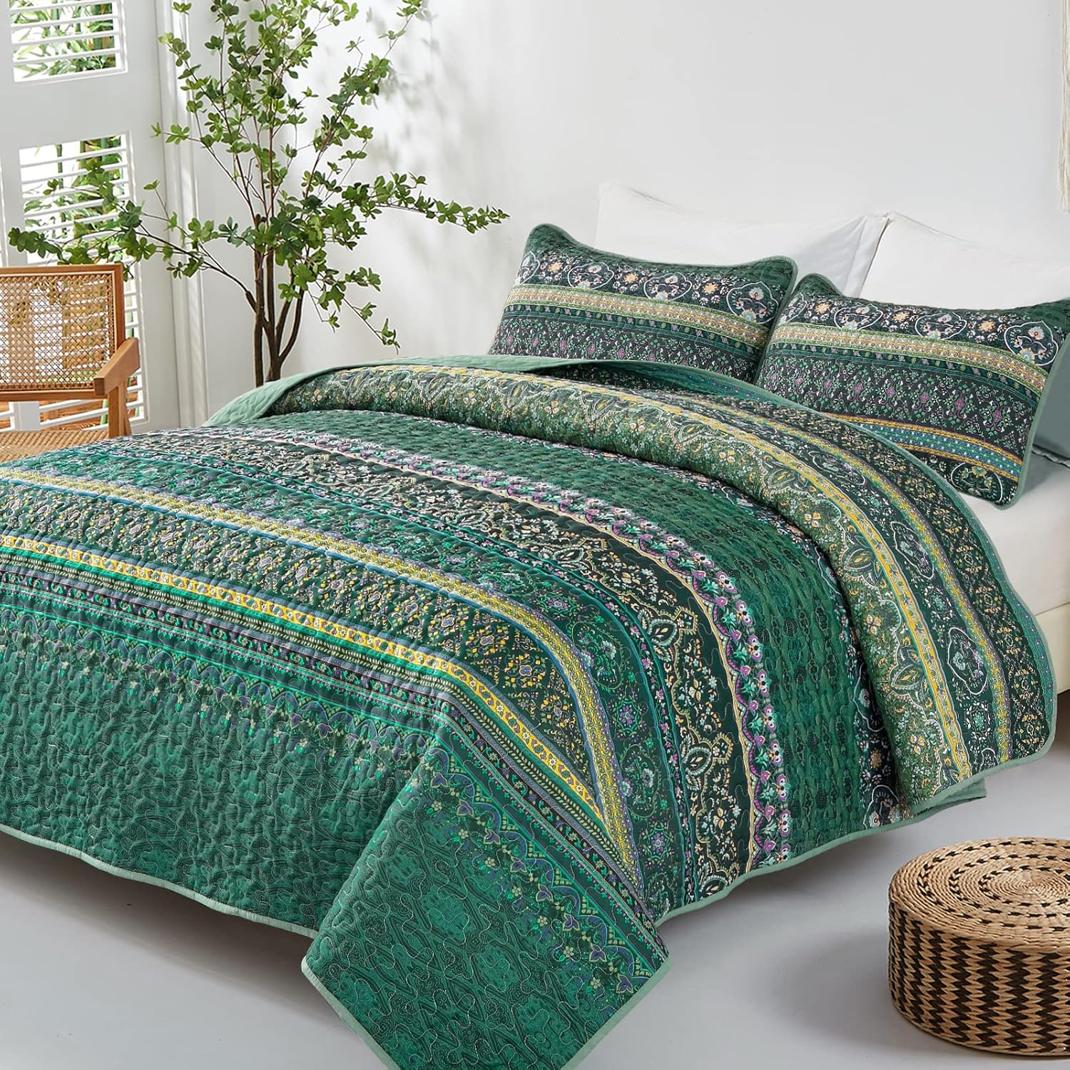 WONGS BEDDING Colcha bohemia tamaño King, edredón bohemio verde King, colcha de microfibra ligera para decoración de cama para todas las estaciones,