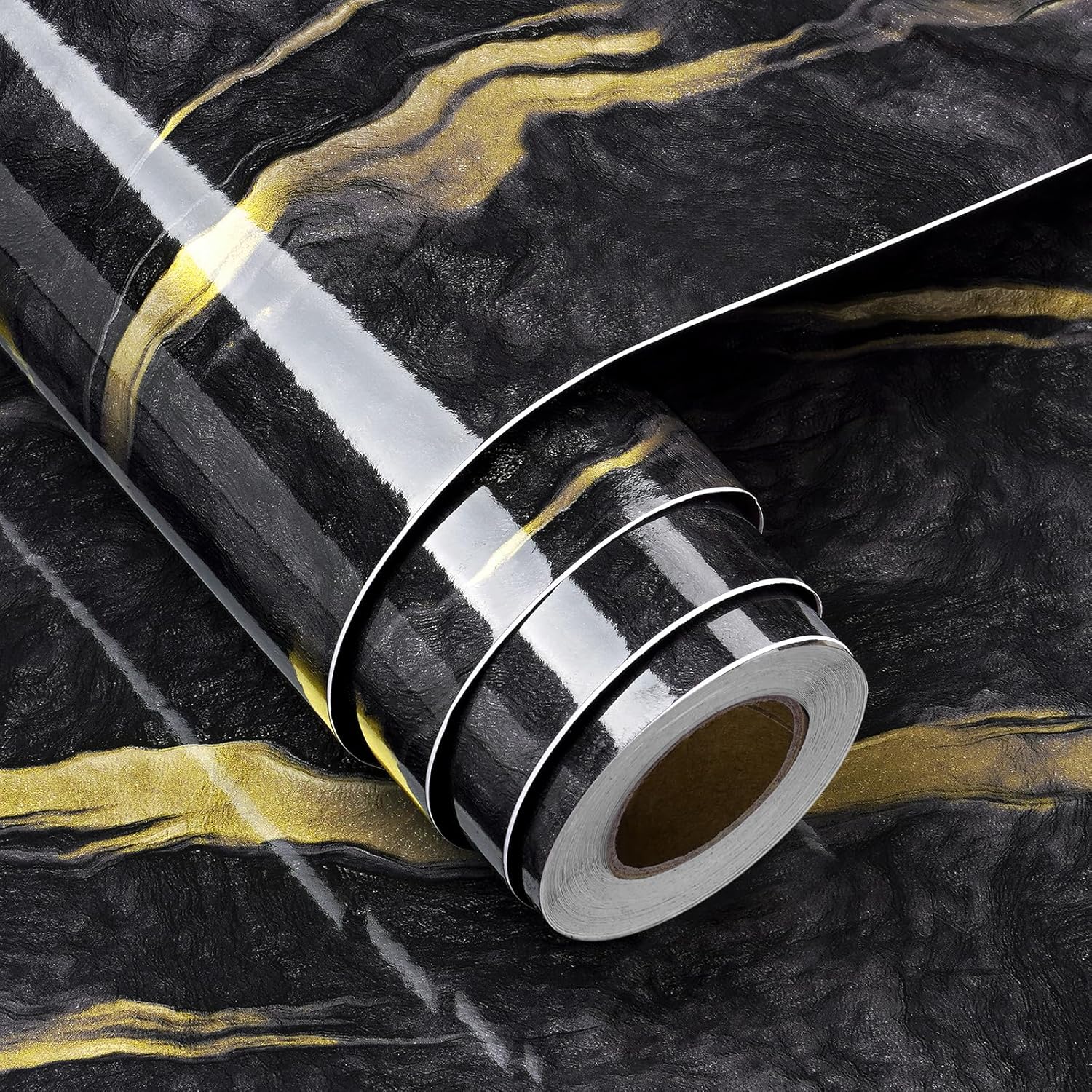 FunStick Papel adhesivo de mármol líquido negro para encimeras, papel tapiz impermeable de mármol negro y dorado, papel de encimera para cocina,