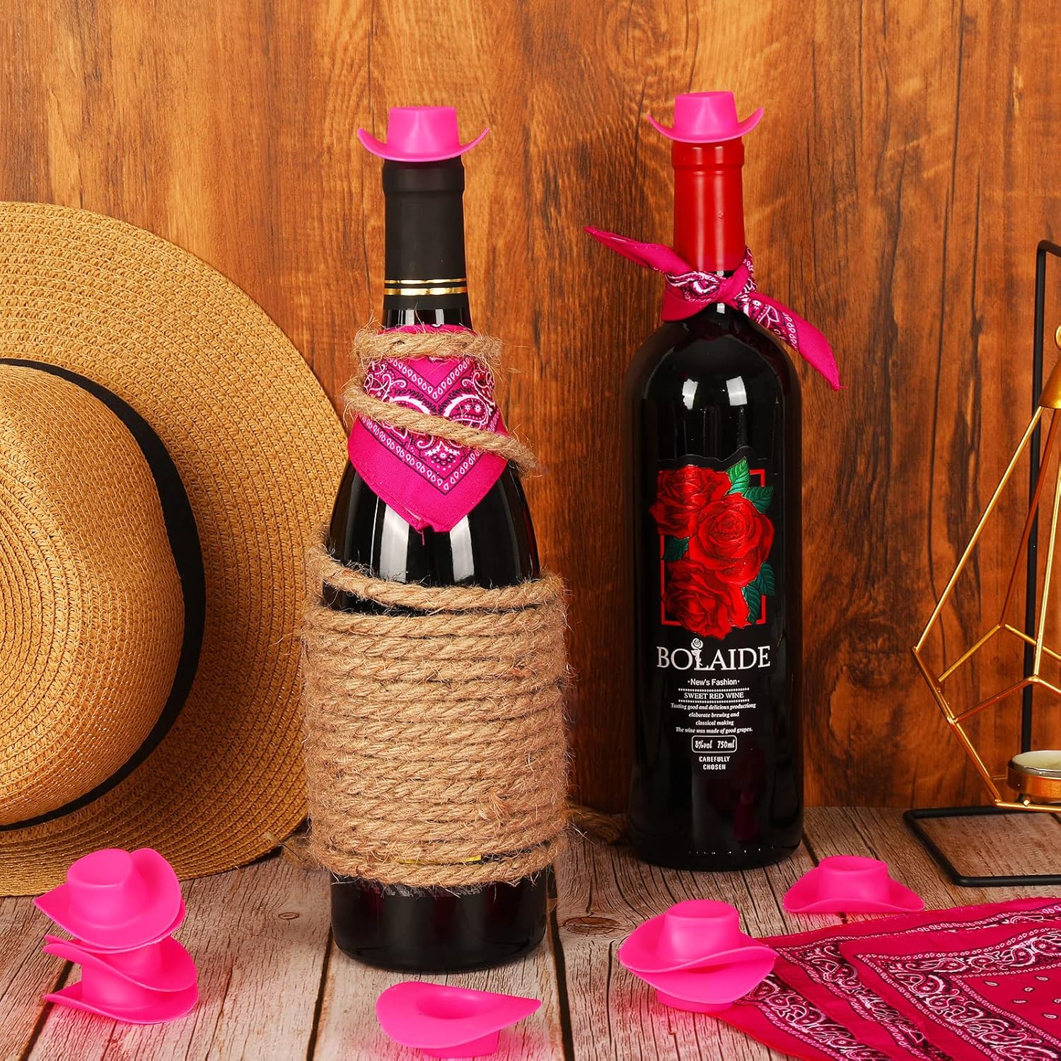 Whaline 20 sombreros de vaquero occidentales con mini bandanas, sombrero miniatura rosa, mini vaquera botella de vino rosa, para disfrazarse,