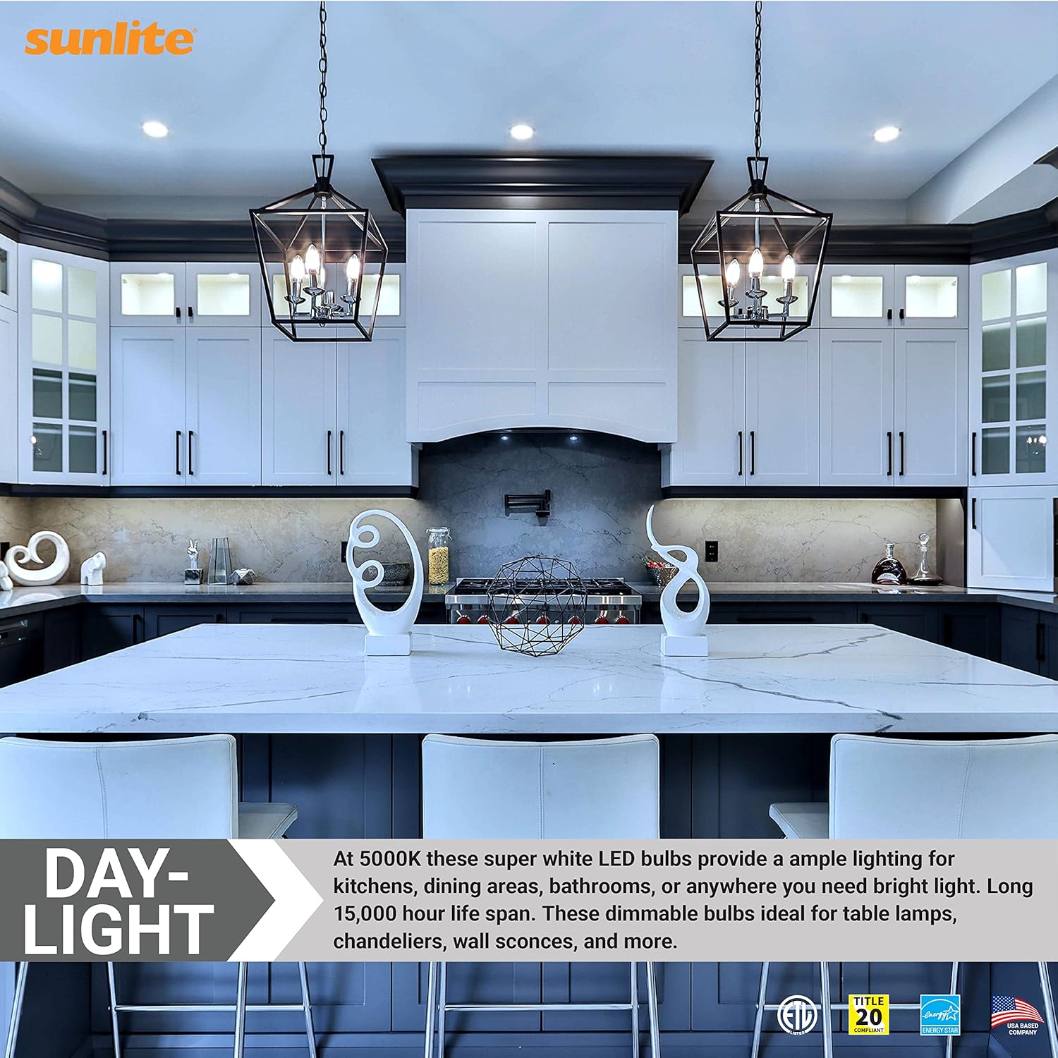 Sunlite 41777 Bombilla LED B13 decorativa para araña, 7 vatios (60 W  ), 500 lúmenes, 120 voltios, regulable, base E26, Energy Star, 90 CRI,