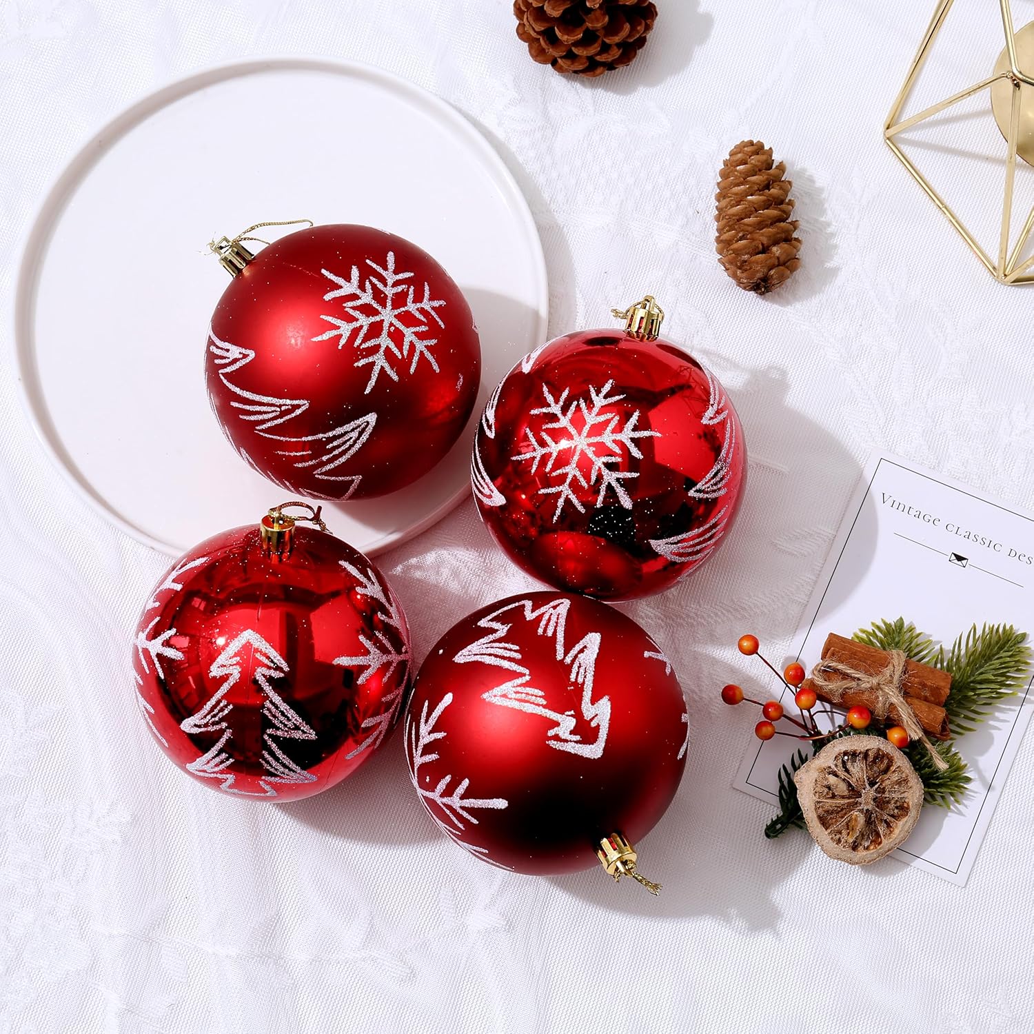 Esferas de adorno de Navidad, bolas de pintura extra grandes, juego de 4 pulgadas para colgar en el árbol (rojo)