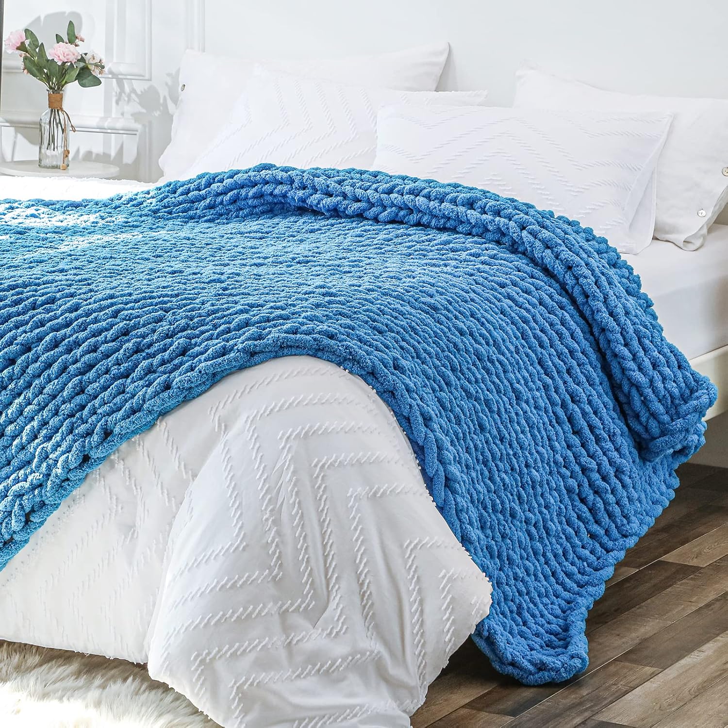 Bigacogo Manta de punto grueso de 51 x 63 pulgadas, manta de felpilla 100% tejida a mano, manta grande de punto trenzado suave y grueso, manta