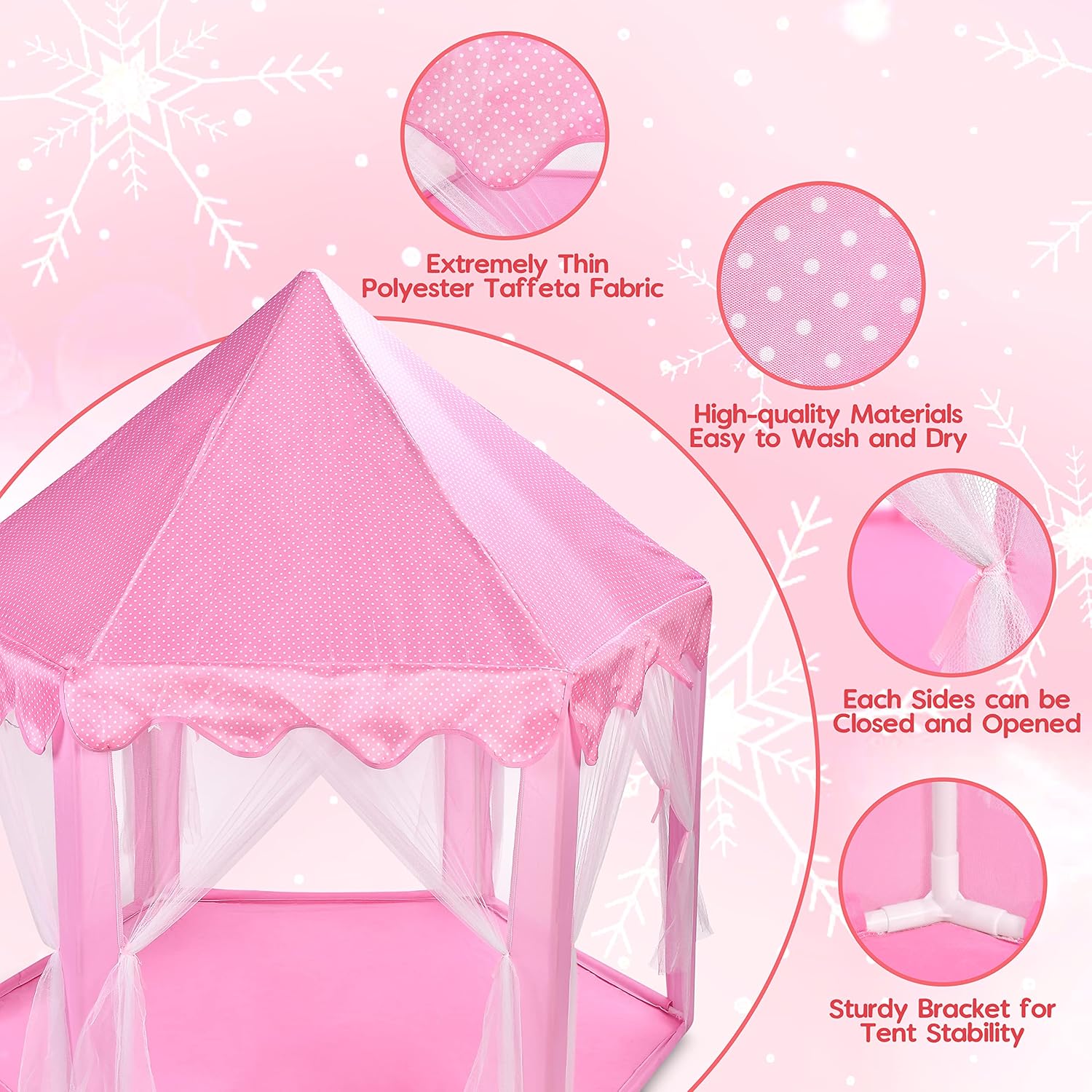 BELLOCHIDDO Tienda de campaña de princesa para niñas, tienda de campaña rosa con luces LED de estrella, castillo de princesa, casa de juegos para