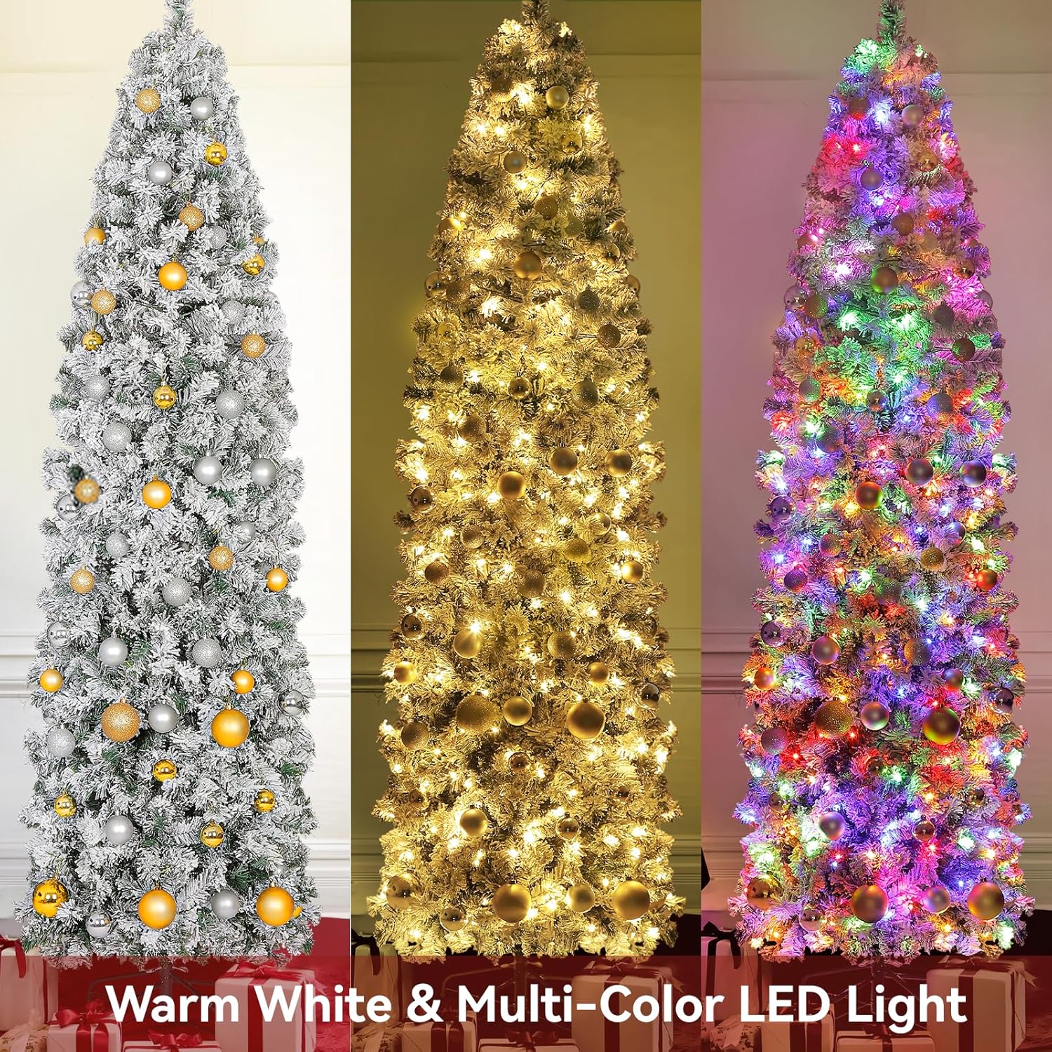 Árbol de Navidad preiluminado de 6 pies, árbol de Navidad delgado artificial con 250 luces LED multicolor y blanco cálido para decoración de Navidad