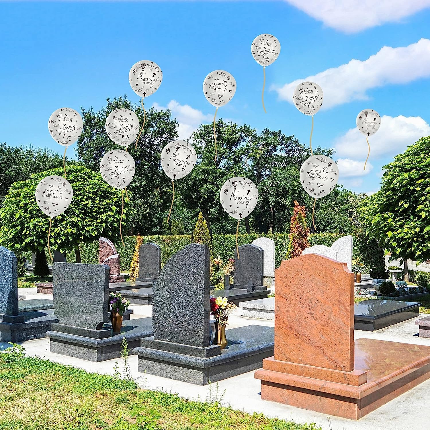 PANTIDE Juego de 37 globos conmemorativos de color blanco, recuerdo funerario, celebración de la vida, globos de látex biodegradables con cinta Miss