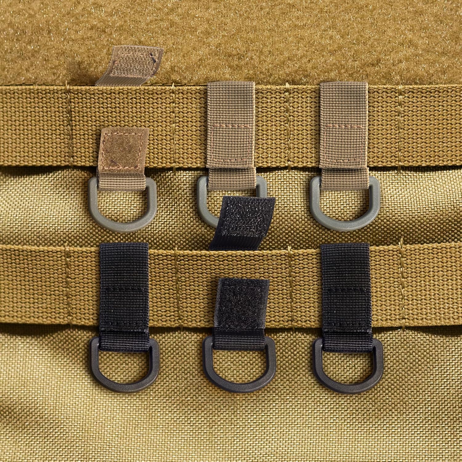 KIKOOD 6 adaptadores tácticos de anillo en D de 3.0 in x 1.4 in, clip de metal para bolsa táctica a prueba de óxido, cinta mágica no se decolora,