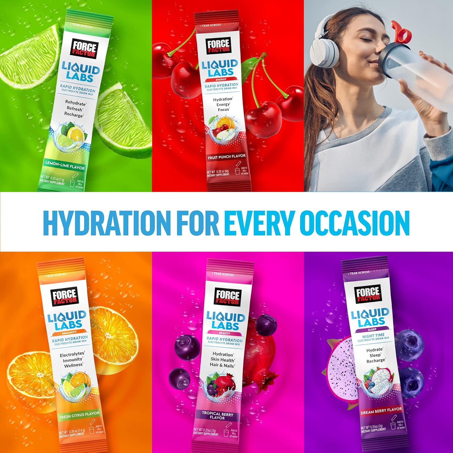 Paquete de electrolitos en polvo de FORCE FACTOR Liquid Labs, paquetes de hidratación para hacer agua con electrolitos con 5 vitaminas, minerales y