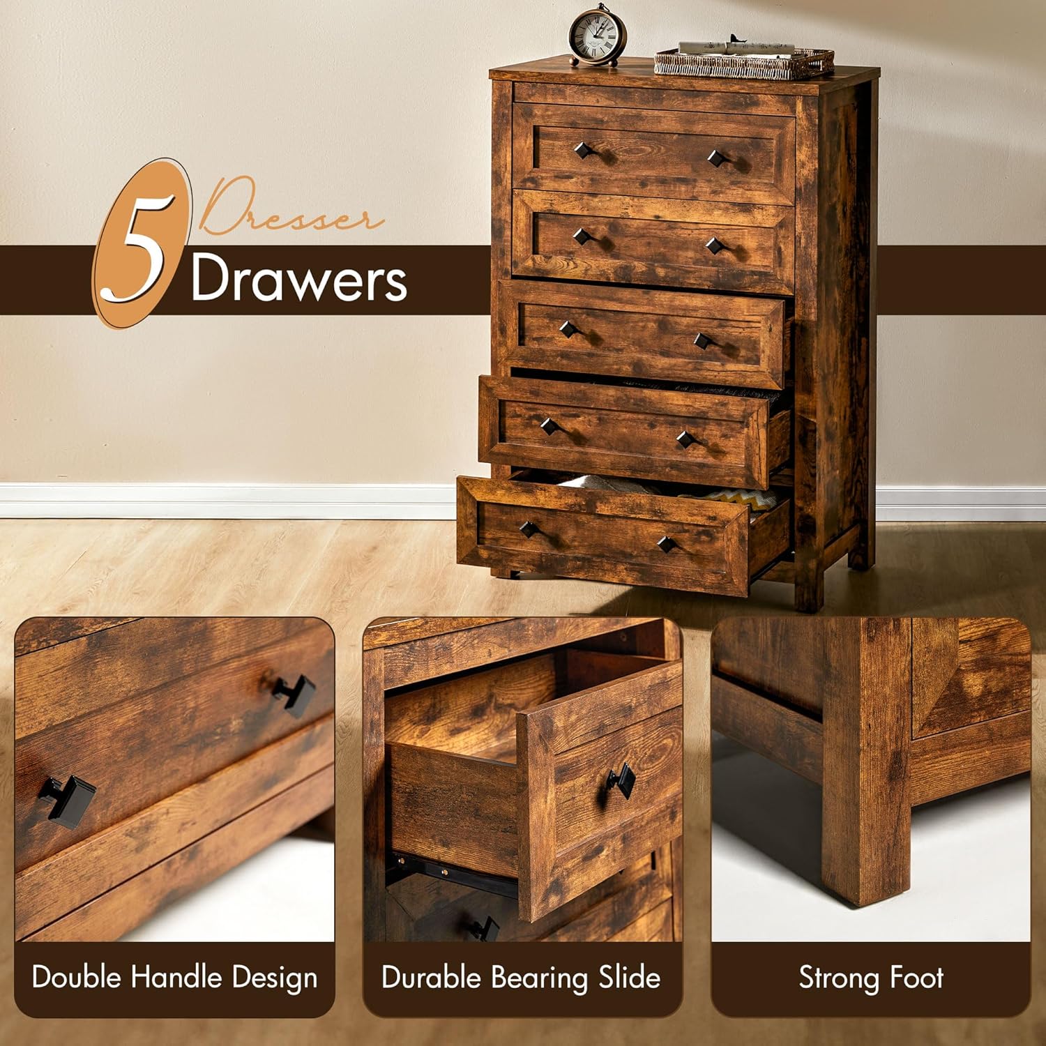 VanAcc Cómoda de 5 cajones altos para dormitorio, cómoda con textura de grano vintage, cómoda de madera de granja para dormitorio, sala de estar,