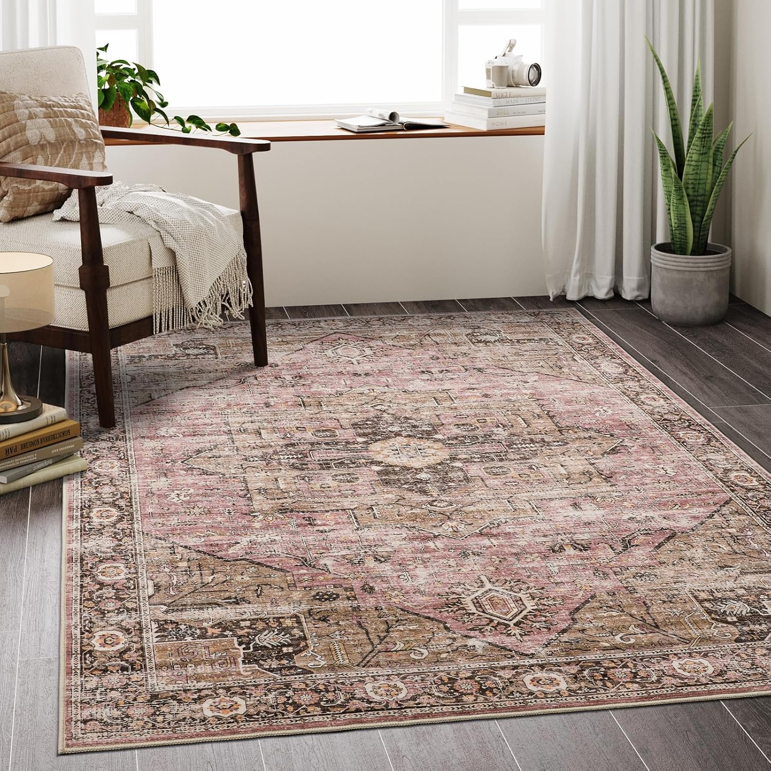 Alfombra de 6 x 9, resistente a las manchas, lavable con parte trasera antideslizante, vintage grande para dormitorio grande, alfombra plegable