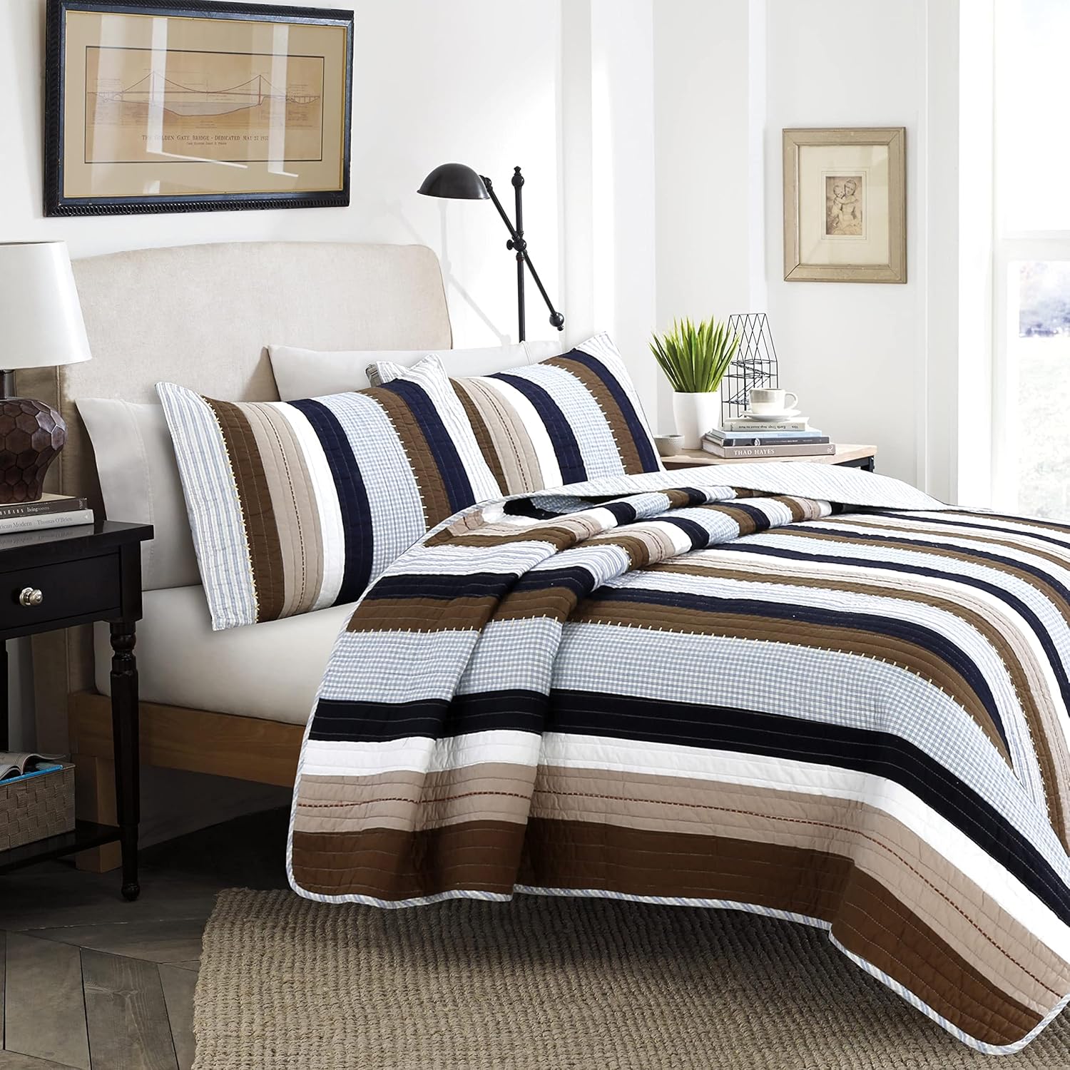 Cozy Line Home Fashions Juego de ropa de cama reversible de 100 % algodón, a cuadros, color marrón marino, colcha para todas las estaciones (Nathan