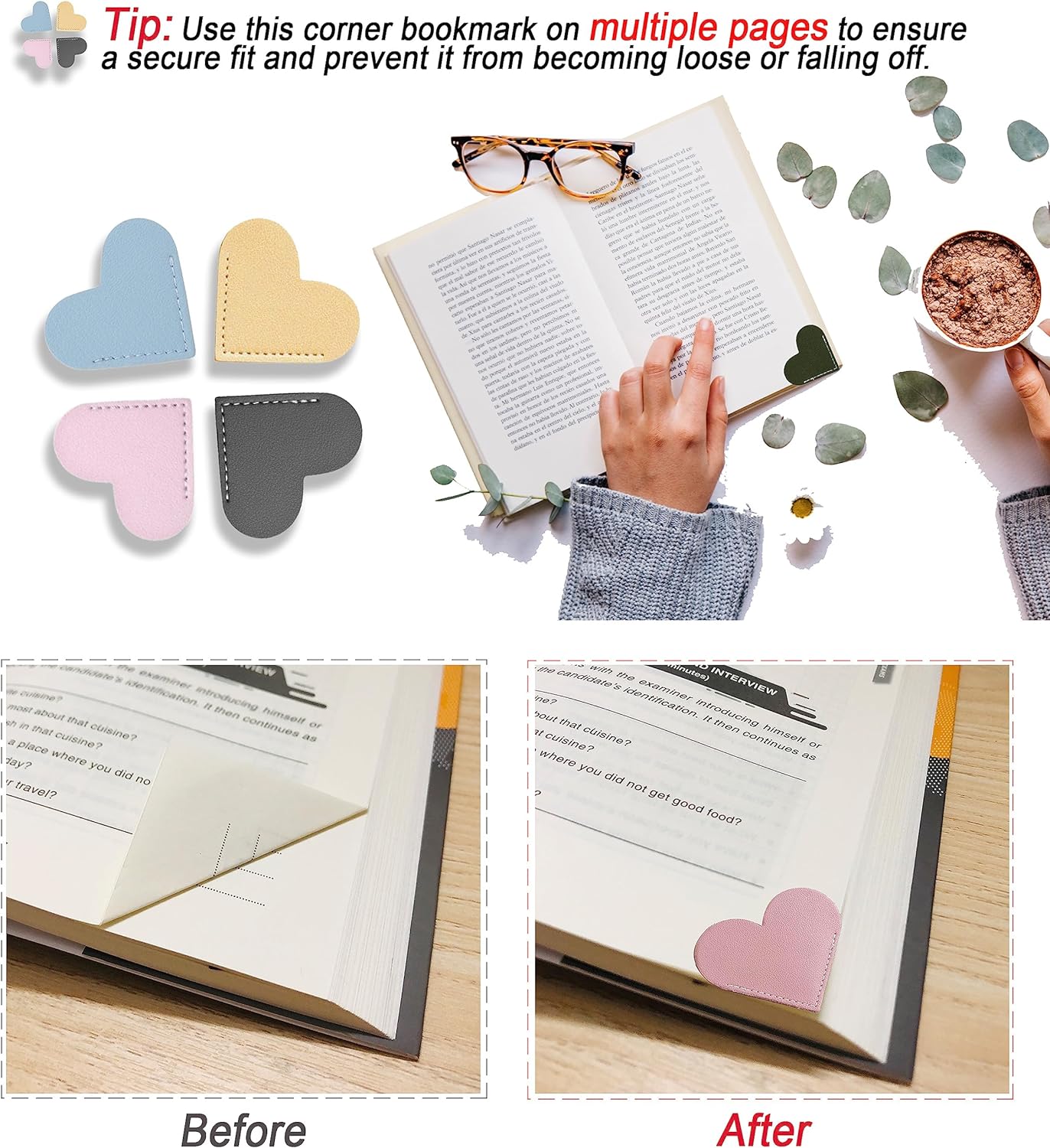HNQCPCVU – 9 marcapáginas de cuero para mujeres con forma de corazón, bonito marcador de esquina, accesorios de libros para amantes de la lectura,