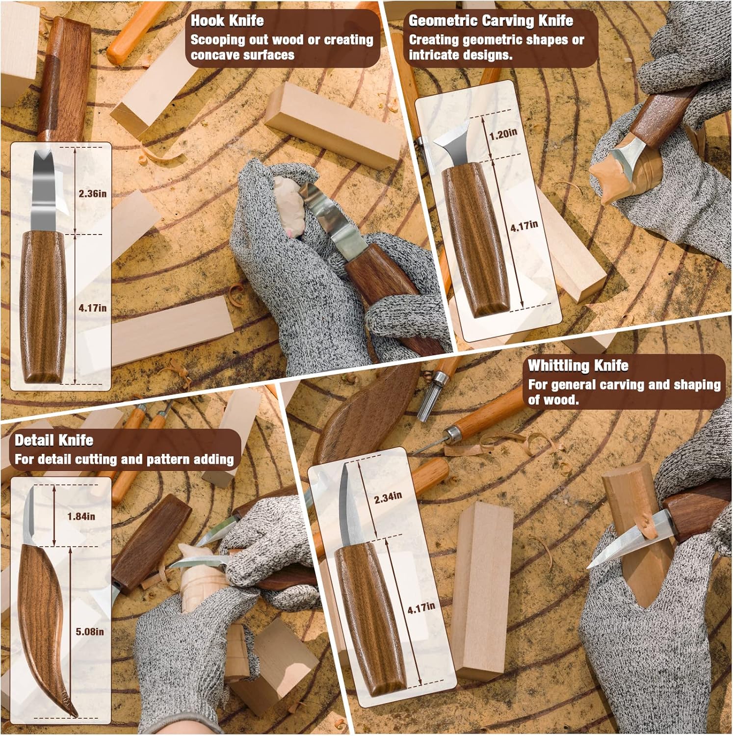 Kit de tallado de madera, 23 piezas de herramienta de tallado de madera con 4 cuchillos de tallado de madera y 5 cuchillos de detalle, 9 bloques de