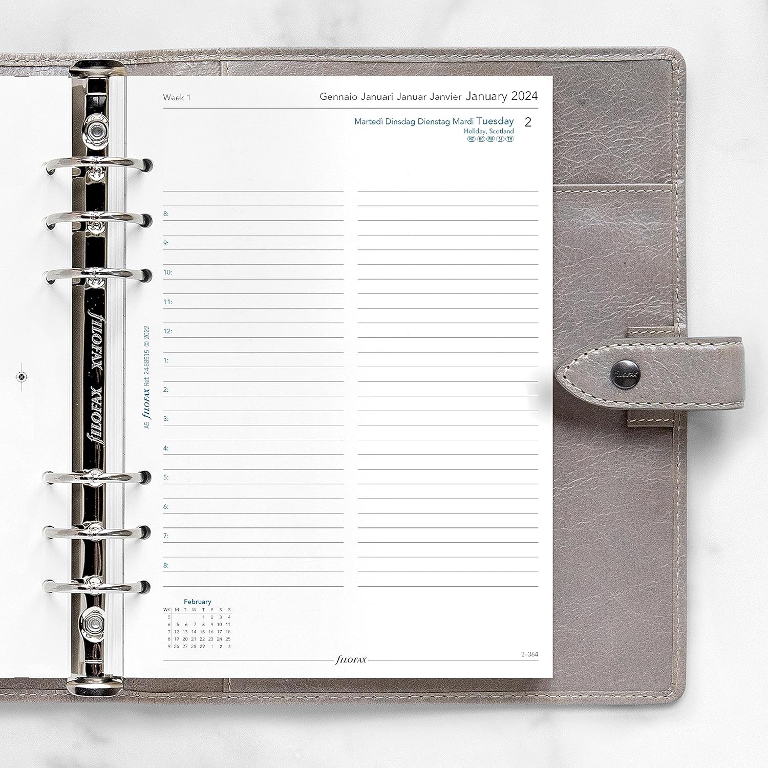 Filofax Calendario de recambio de diario, tamaño A5, día en una página con citas, libro blanco, multilingüe cinco idiomas, 2024 (C68515-24)