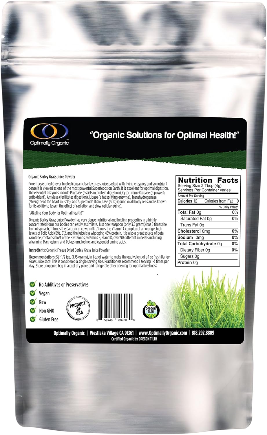 Optimally Organic Jugo de hierba de cebada en polvo, liofilizado, 12 libra, más de 130 porciones, cultivado en EE. UU., Supergreens crudos y