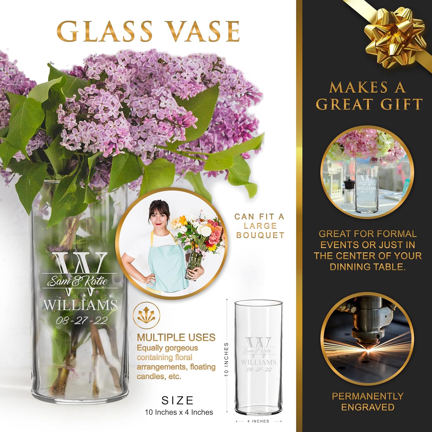 Jarrón de cristal personalizado para boda, regalo de compromiso para parejas grabadas personalizadas, aniversario, regalo de compromiso