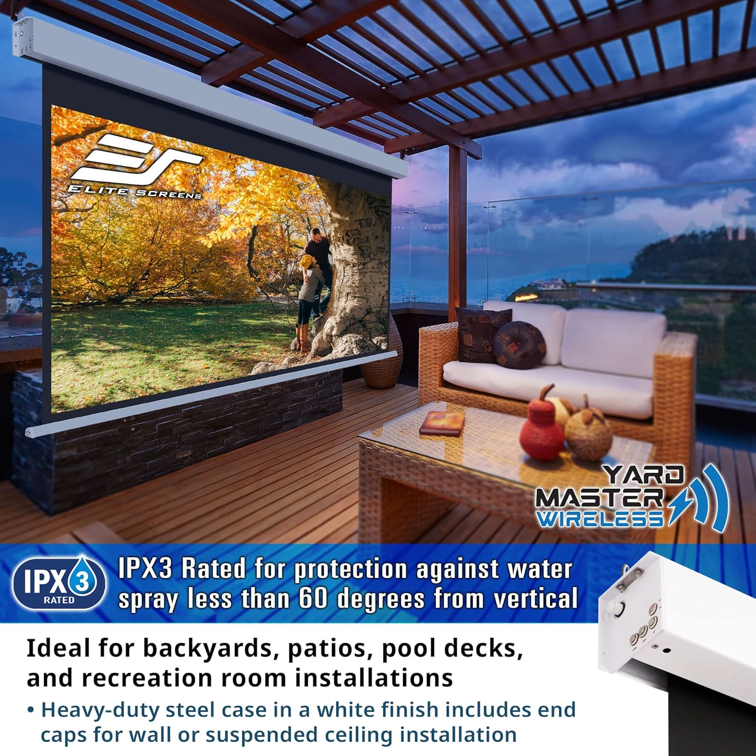 Elite Screens Yard Master Wireless, 125 pulgadas Diag. Pantalla de proyector motorizada para exteriores 169, batería de iones de litio recargable