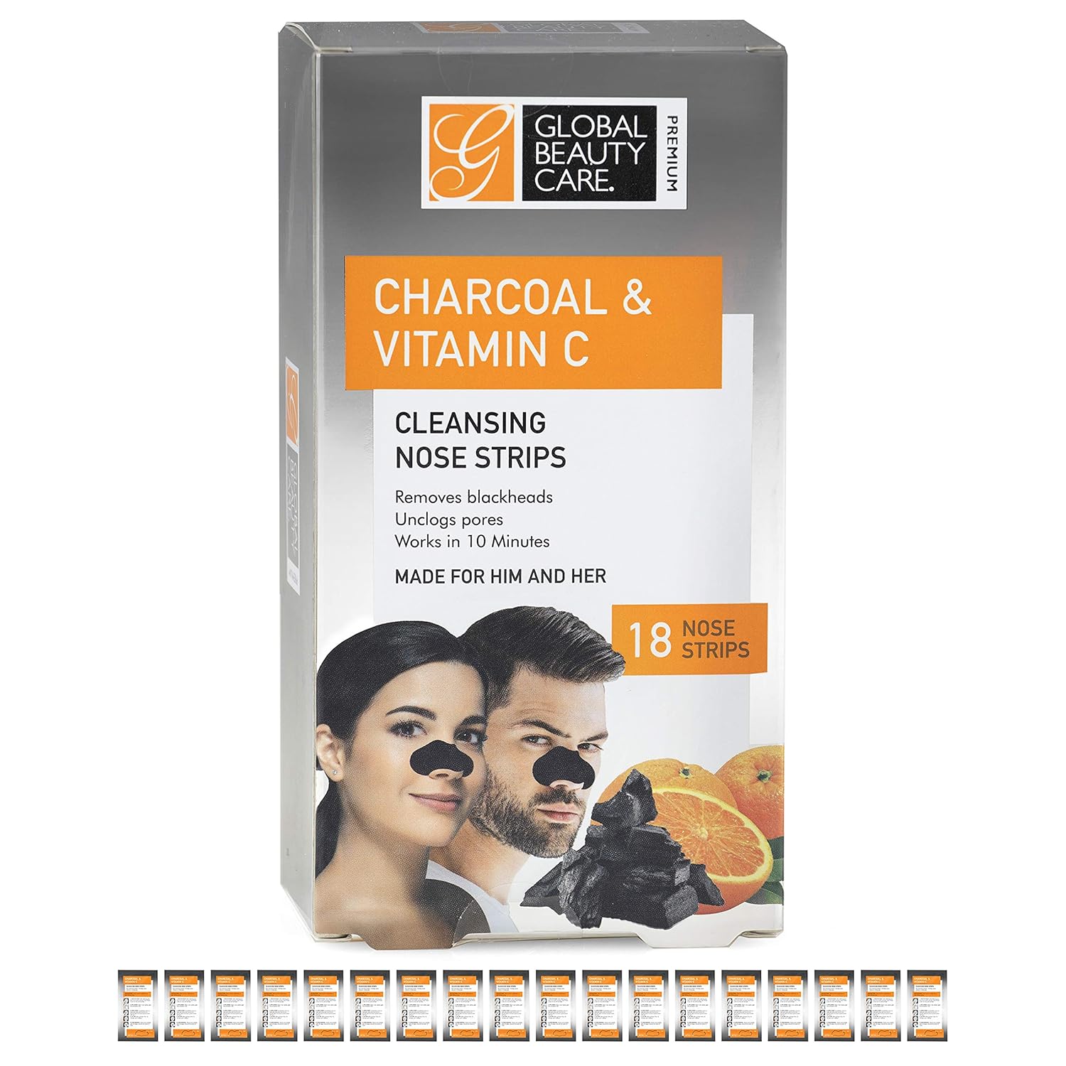 Global Beauty Care 18 tiras de limpieza de nariz de carbón activado y vitamina C tiras nasales para eliminación de puntos negros, tiras removedoras
