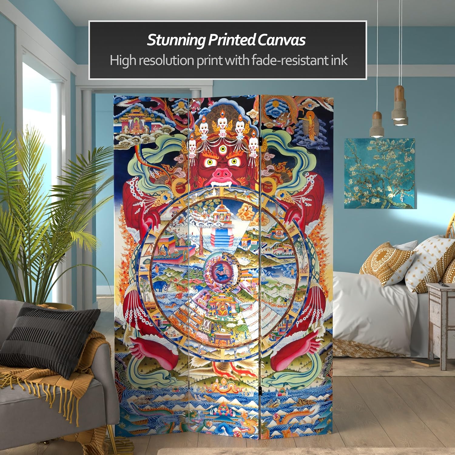 Oriental Furniture – Divisor de habitación de lona de doble cara de 6 pies de alto, The Wheel of Life