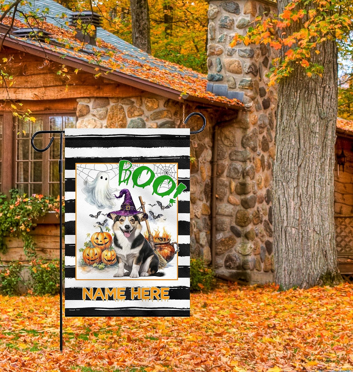 Banderas de jardín de Halloween para exteriores, regalo personalizado de Pembroke Corgi galés, regalo para amantes de los perros, bandera de