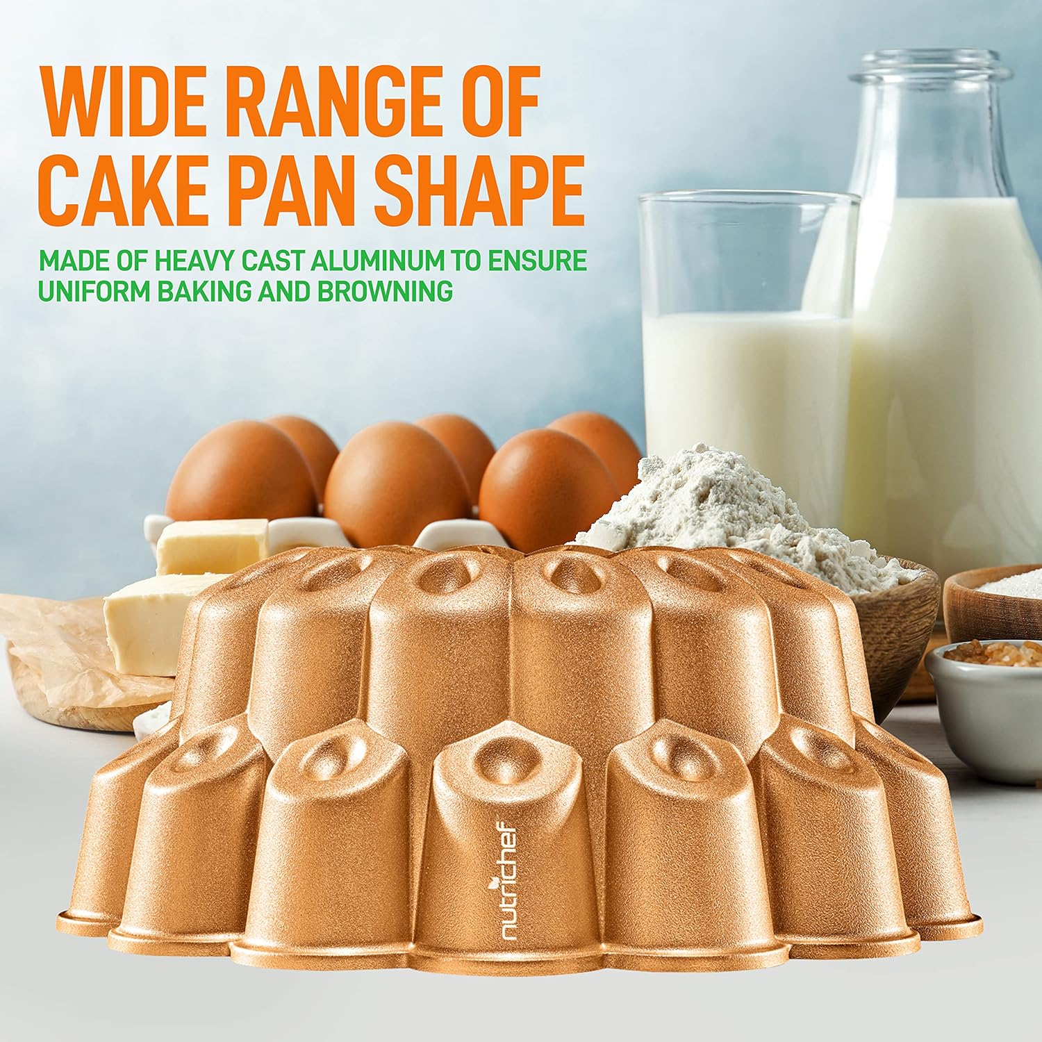 NutriChef Molde para pasteles Marquise Bundt de 9 pulgadas, utensilios para hornear de aluminio fundido grueso y pesado con bordes estriados de