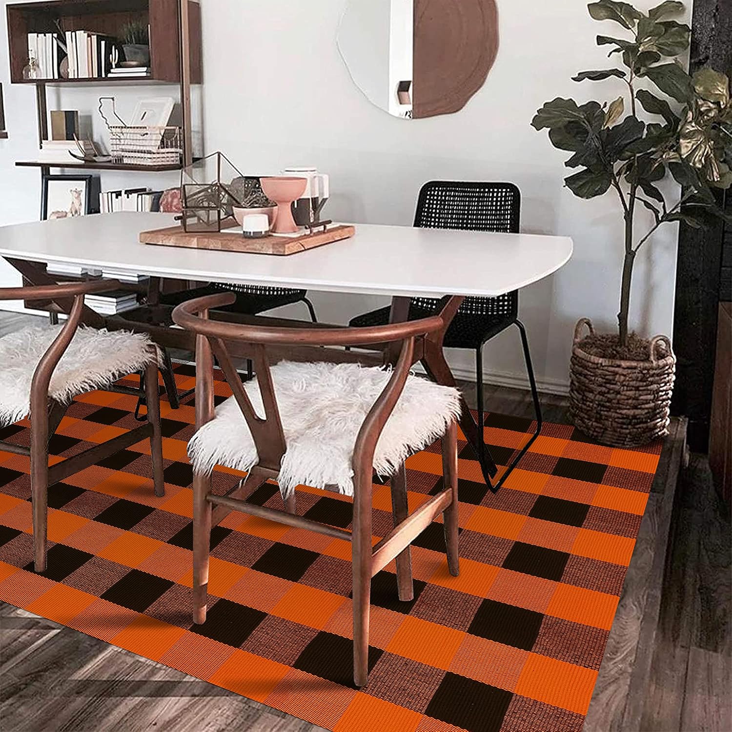 KOZYFLY Alfombra de lana cuadriculada de 4 x 6 pies, color naranja y negro, alfombra lavable de algodón tejida a mano para puerta de Halloween, para