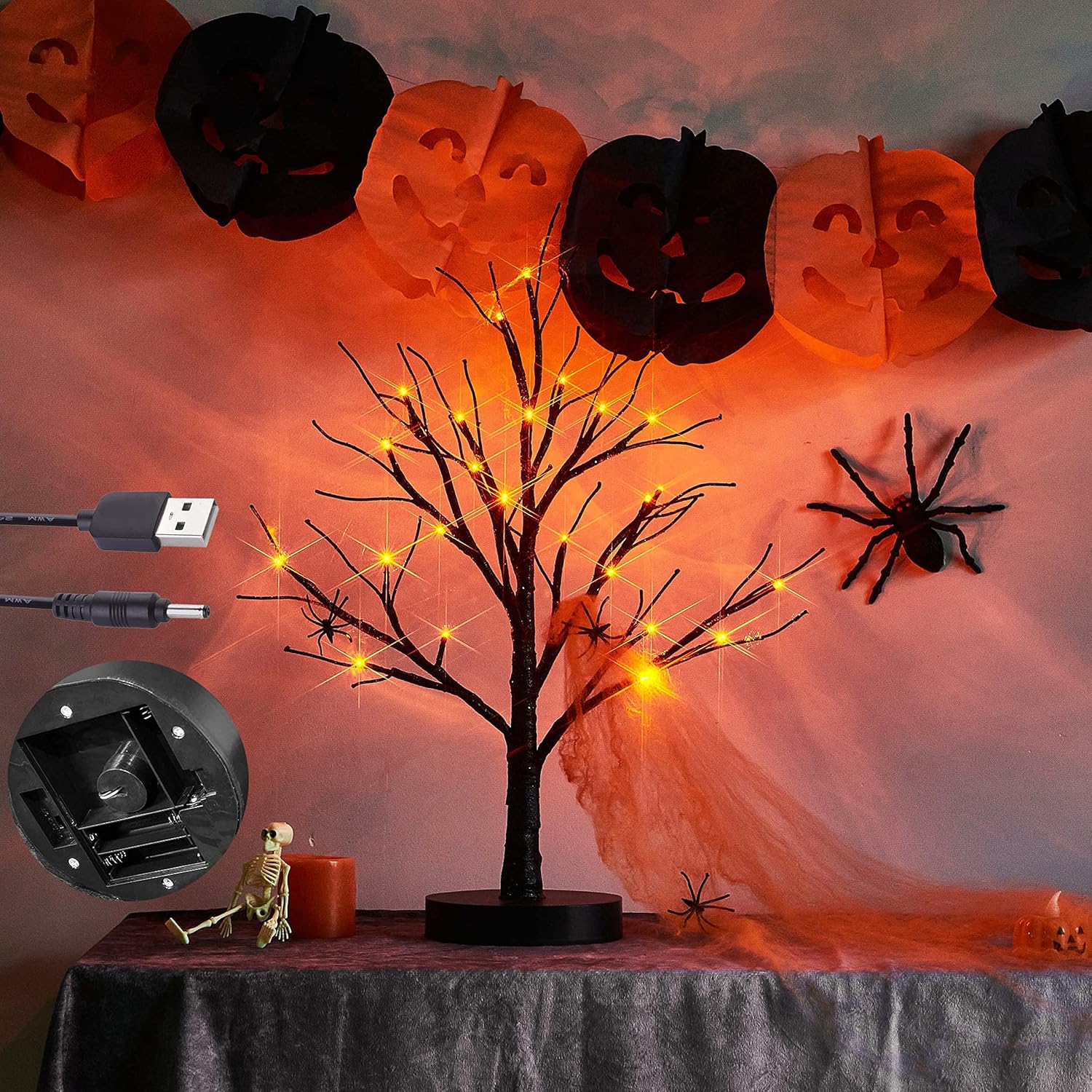 Hairui Árbol espeluznante de mesa iluminado con purpurina negra con luces naranjas, 24 LED de 18 pulgadas, para decoración de bruja de Halloween,