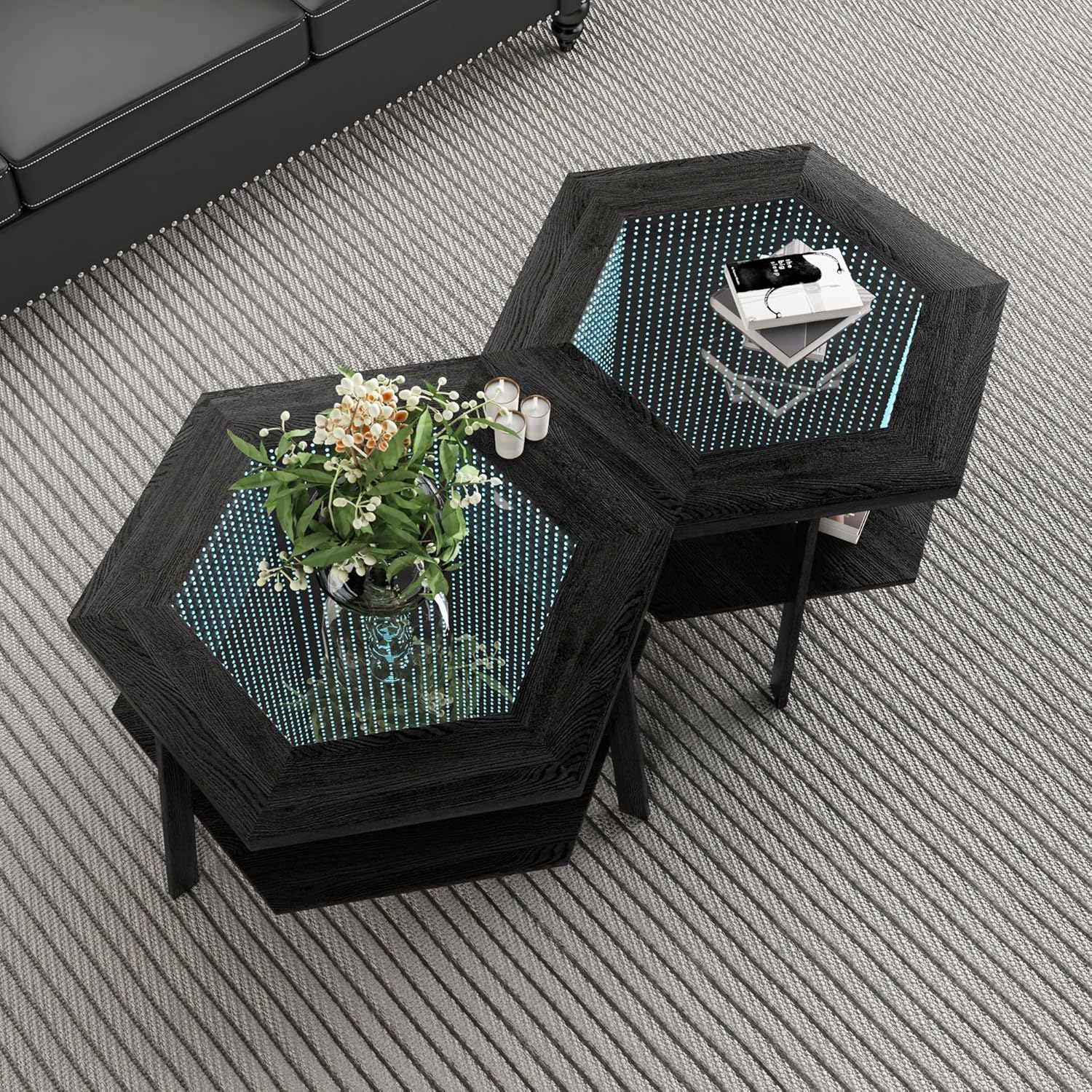 Mesa de centro moderna, mesa de centro hexagonal de 31.49 pulgadas, mesa de centro inteligente con sensor activado por voz, iluminación LED, luces