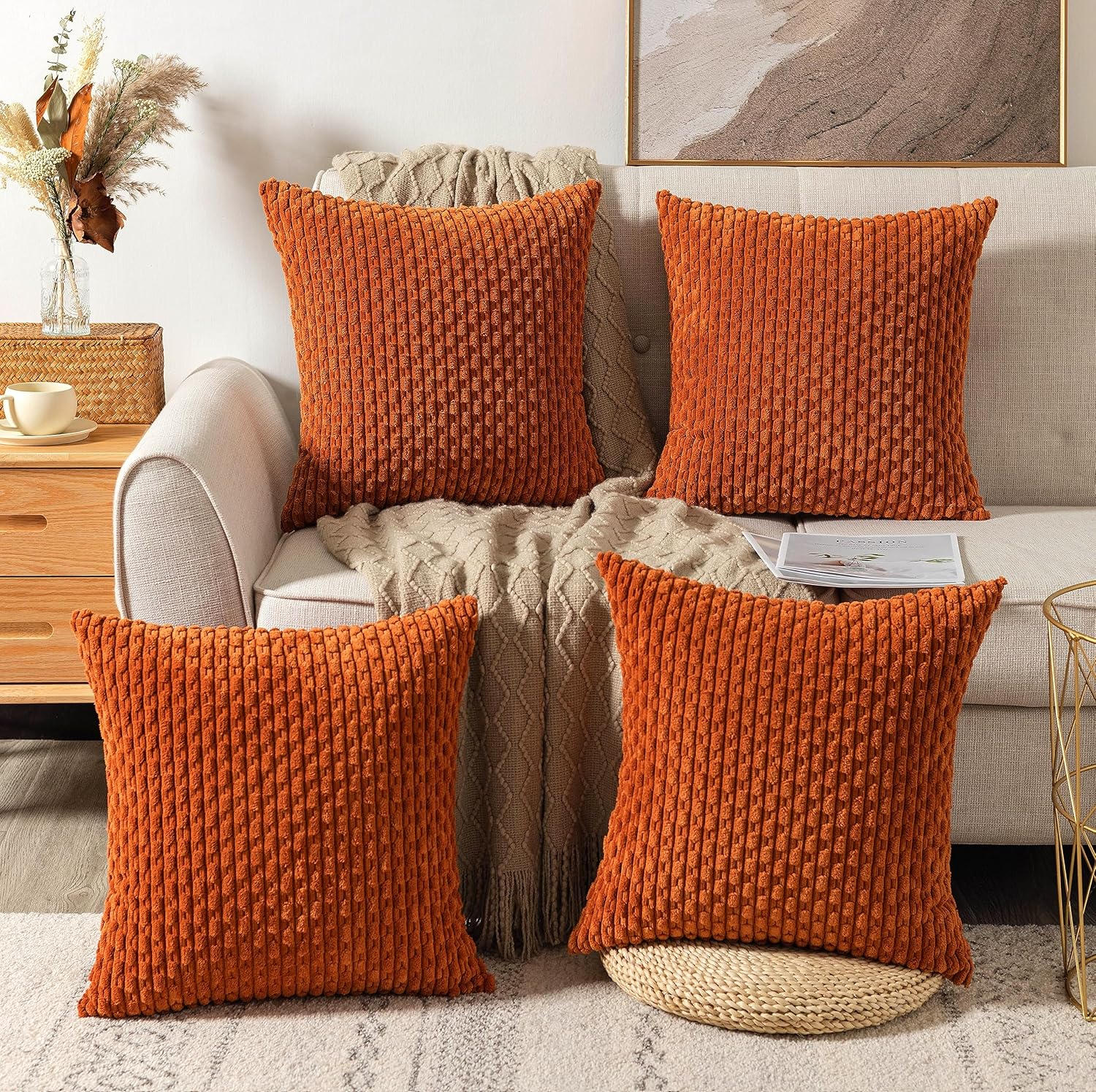 UGASA – Funda de almohada decorativa de pana suave de 26 x 26 pulgadas, estilo bohemio, a rayas, decoración moderna del hogar para sofá, sala de