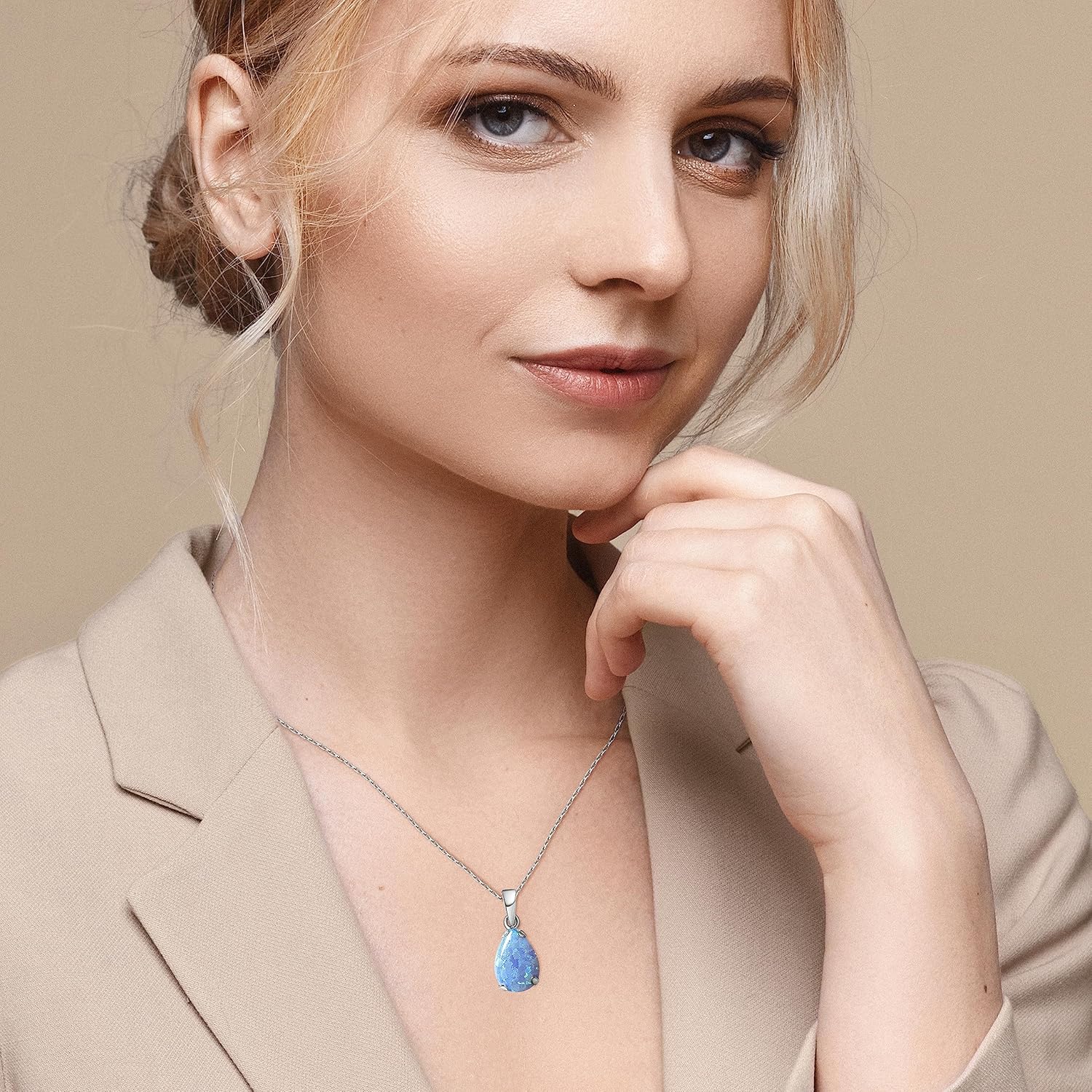 925 Sterling Silver Blue Opal Necklace – Dainty Teardrop Pendant, 7x10mm October Birthstone Opal Gemstone – Handmade Bridal Wedding Jewelry for