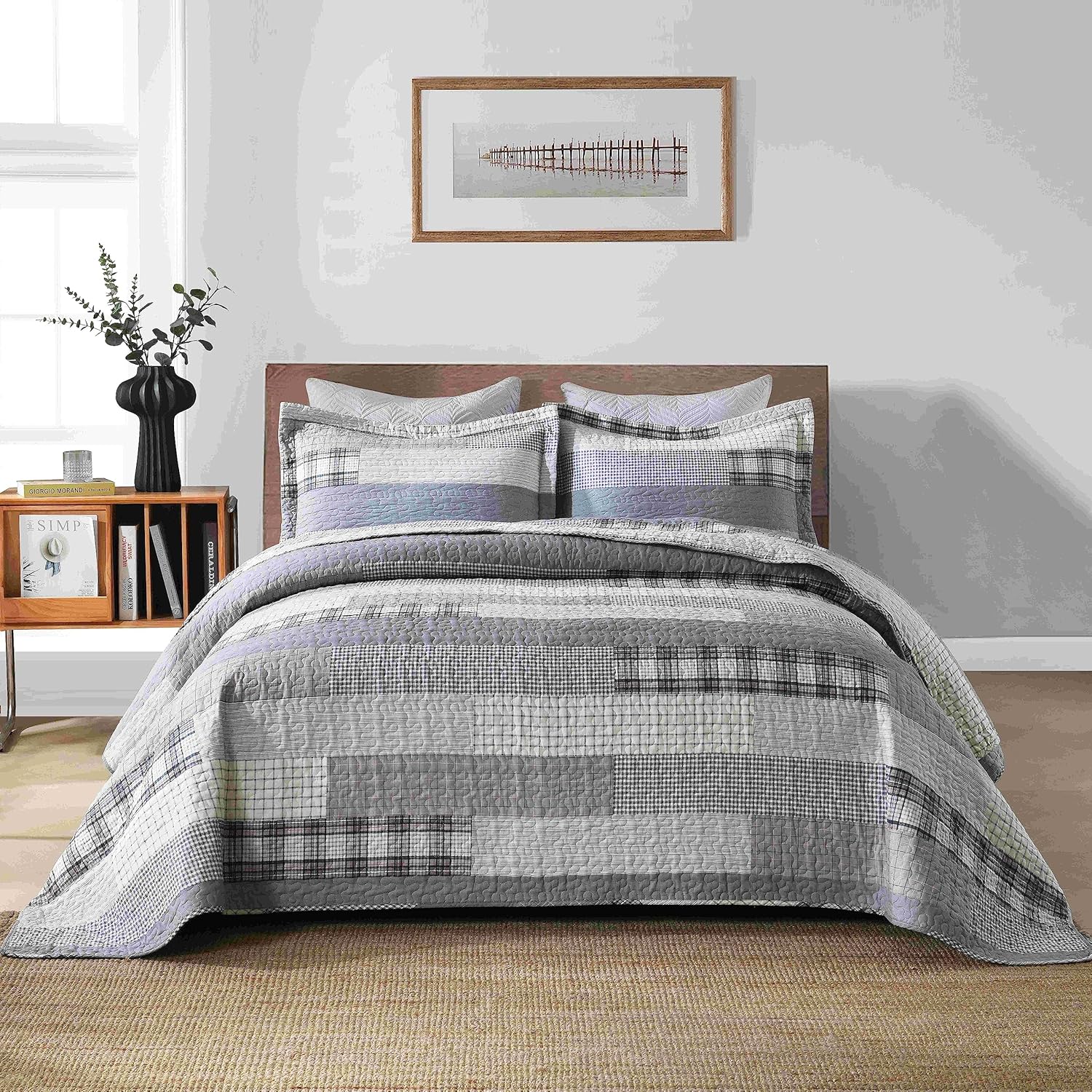Juego de edredón de tamaño Queen, juego de ropa de cama de retazos 100% algodón, colcha a cuadros tamaño queen, juego de edredón ligero y