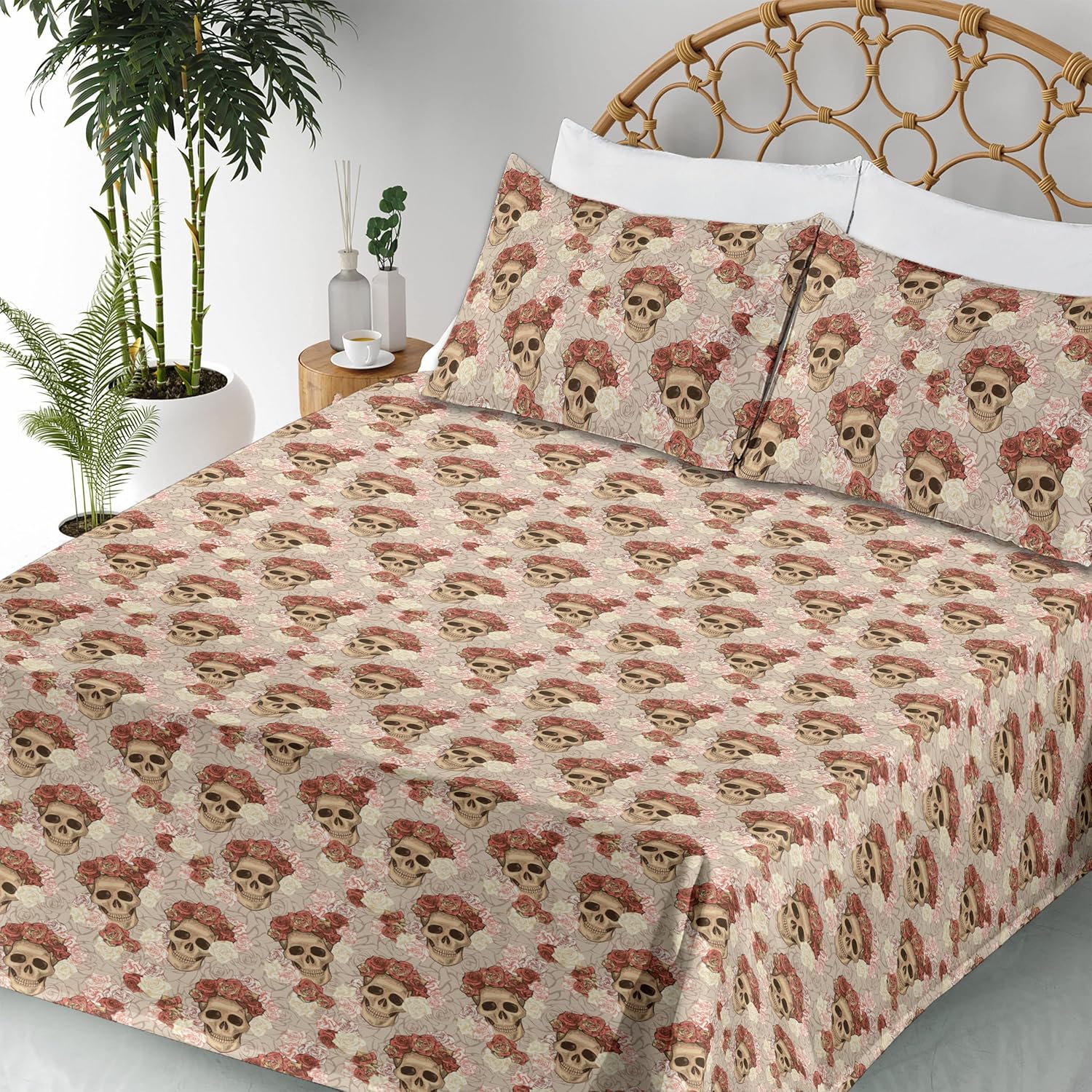 Ambesonne Skull Sheet Set, Goth Roses Floral Skeleton Head Day of The Dead Ethnic Mexican Inspired, Fitted and Flat Sheet with Pillowcases Bedding