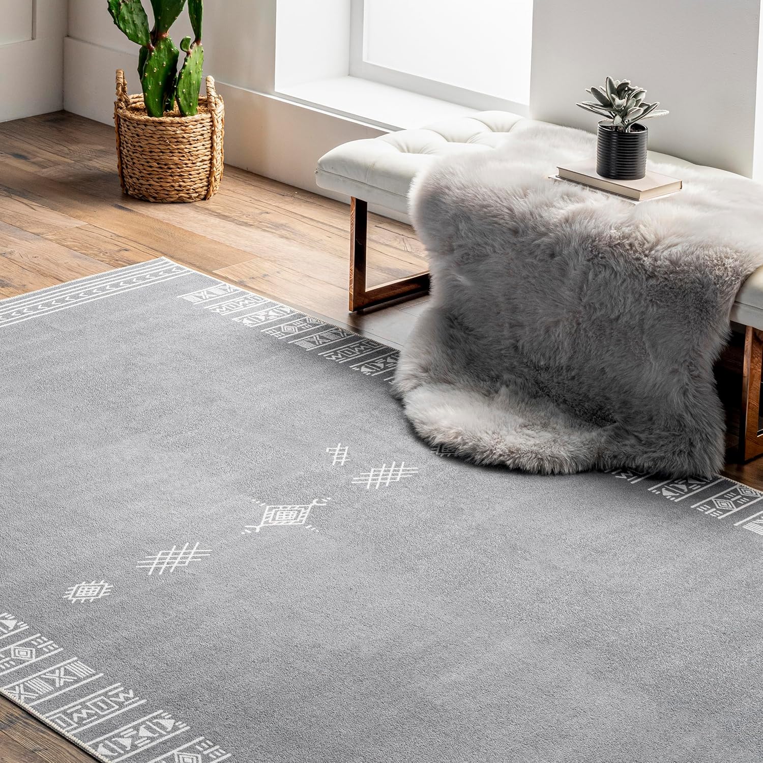 nuLOOM Arina – Alfombra tribal simple, lavable a máquina, 5 x 8 pulgadas, color gris