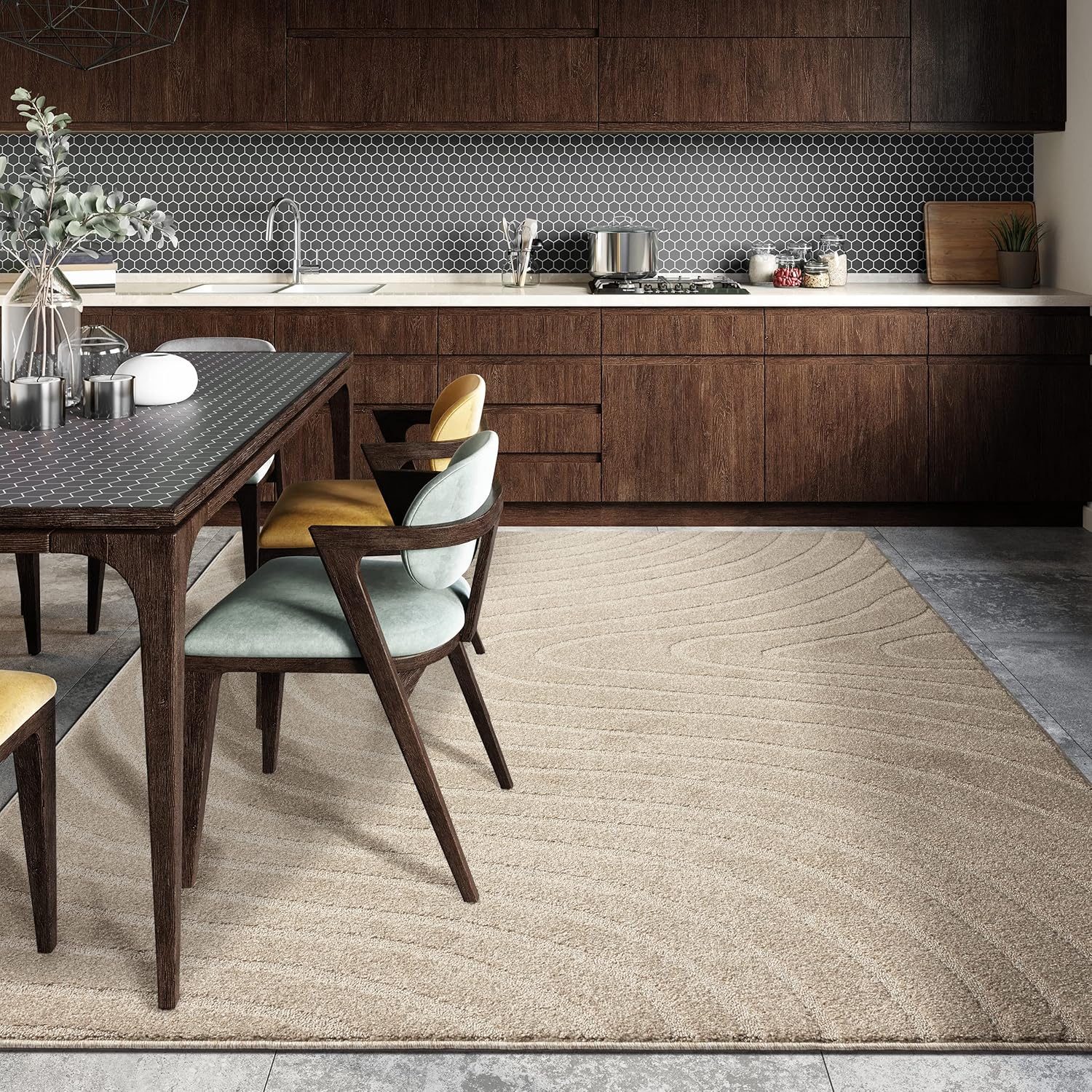 LUXE WEAVERS Alfombra moderna con ondas geométricas beige de 9 x 12 pulgadas, alfombra contemporánea resistente a las manchas