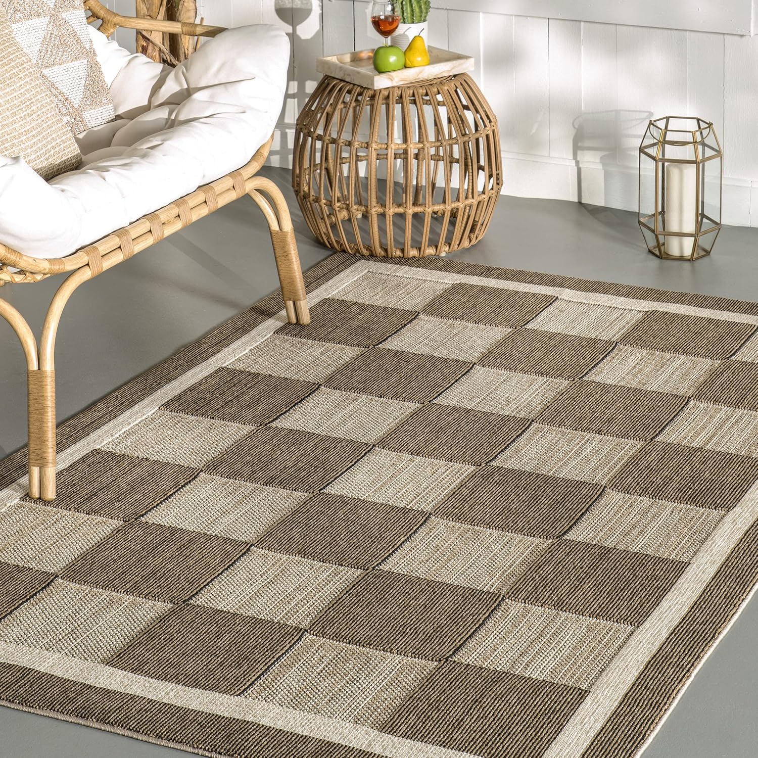 nuLOOM Lavonia – Alfombra a cuadros para interiores y exteriores, 6 pies 7 pulgadas x 9 pies, color beige