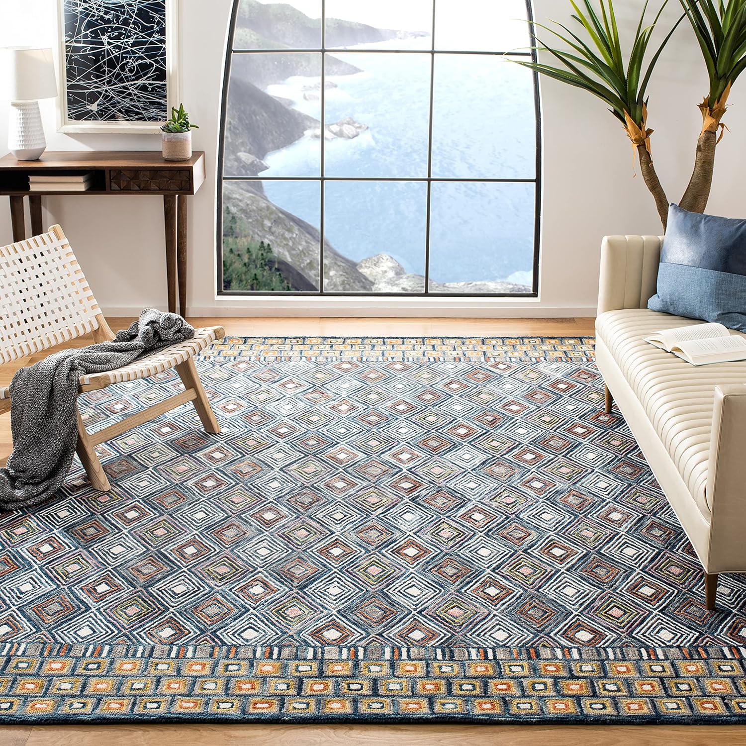 SAFAVIEH Aspen Collection – Alfombra decorativa de 4 x 6 pies, color azul y dorado, hecha a mano, lana bohemia, ideal para zonas de alto tráfico en