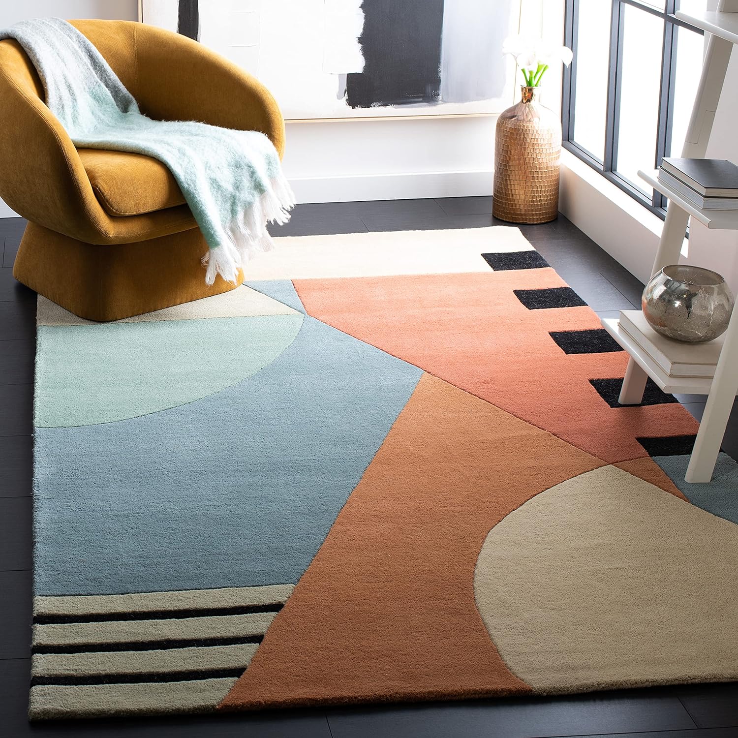 SAFAVIEH Rodeo Drive Collection RD863A – Alfombra cuadrada dorada de 4 pies hecha a mano de mediados de siglo, moderna, abstracta, de lana de alta