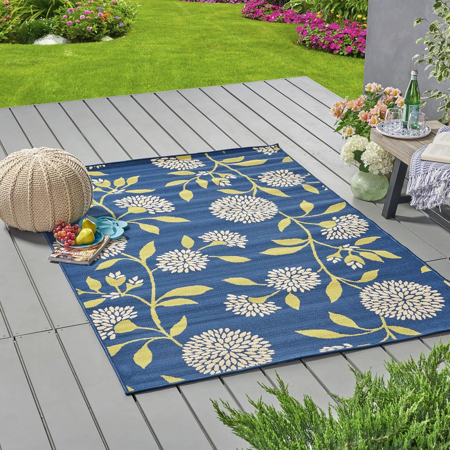 Christopher Knight Home Tilda – Alfombra floral para exteriores, 5 x 8, azulverde