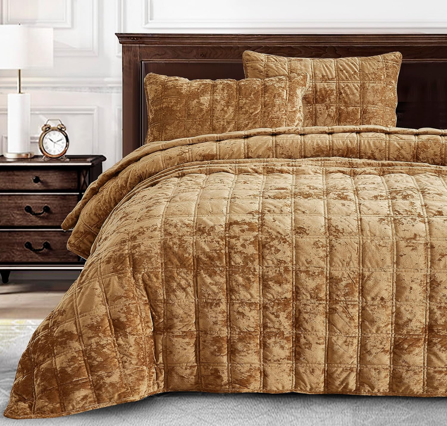 Chezmoi Collection Piers – Juego de edredón de terciopelo dorado caramelo, 3 piezas, ropa de cama de terciopelo envejecido de felpa exuberante para