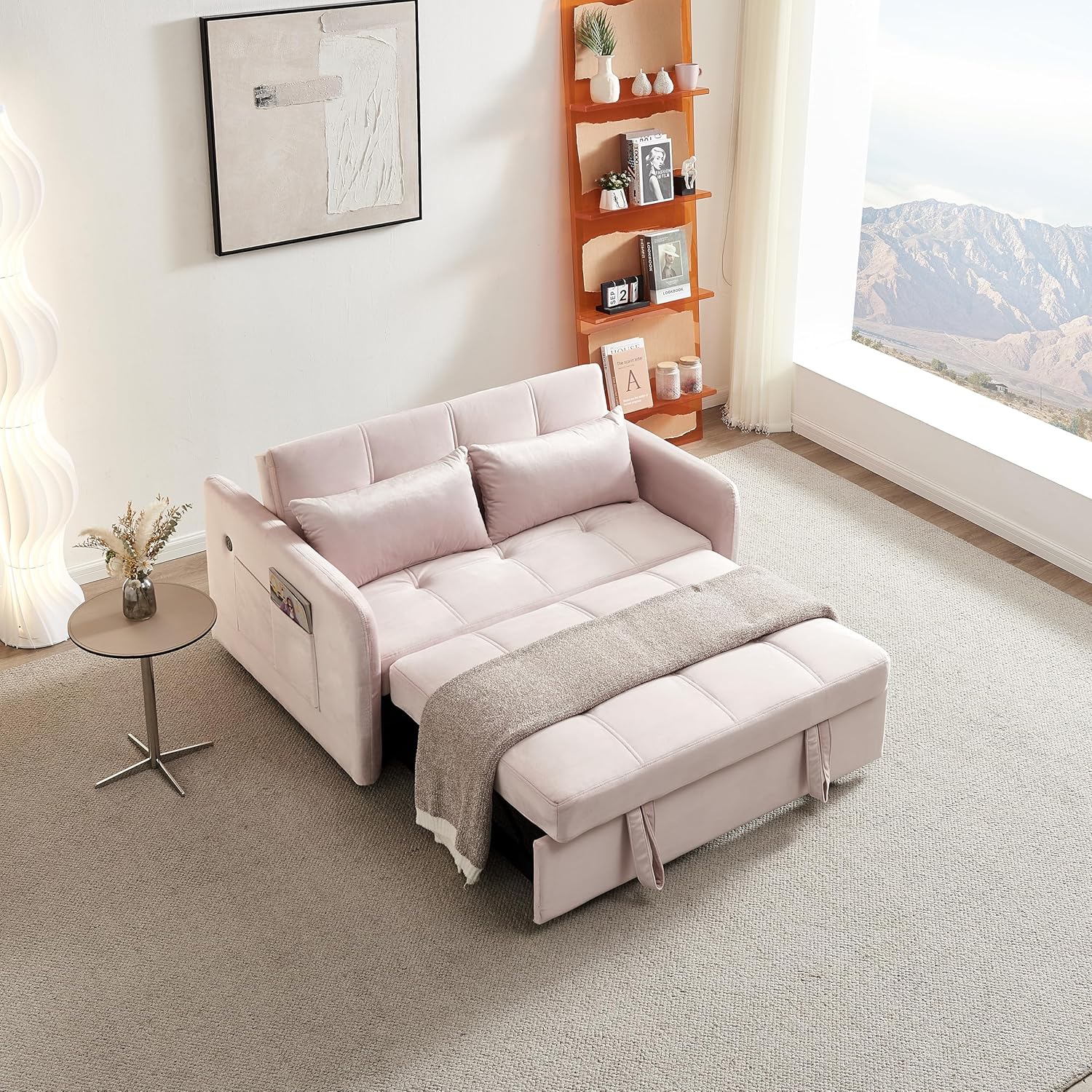 Sofá cama convertible de terciopelo moderno con respaldo ajustable de 55 pulgadas, sofá cama pequeño con dos almohadas y bolsillos laterales para