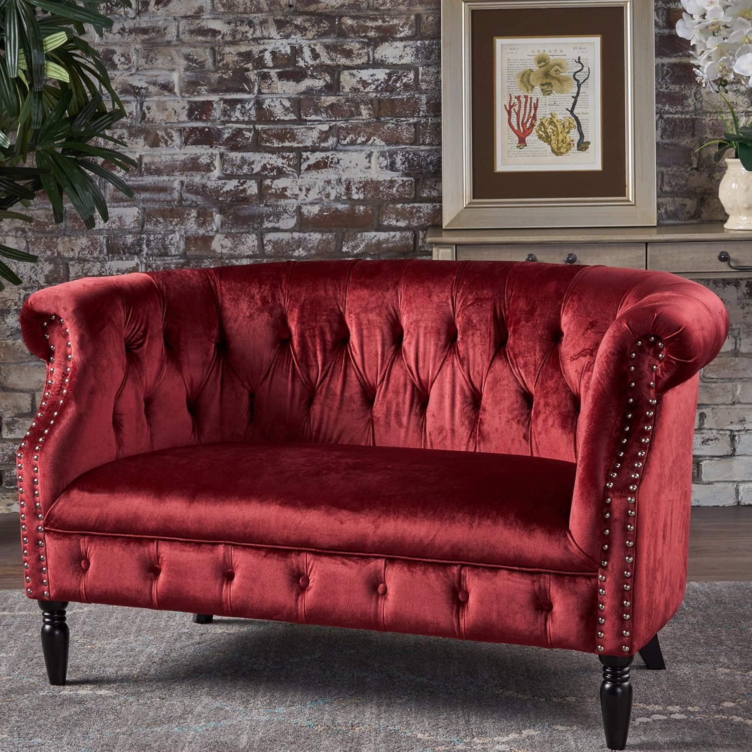 Great Deal Furniture Melaina – Sofá de dos plazas de terciopelo Chesterfield con brazos enrollados, granate y marrón oscuro