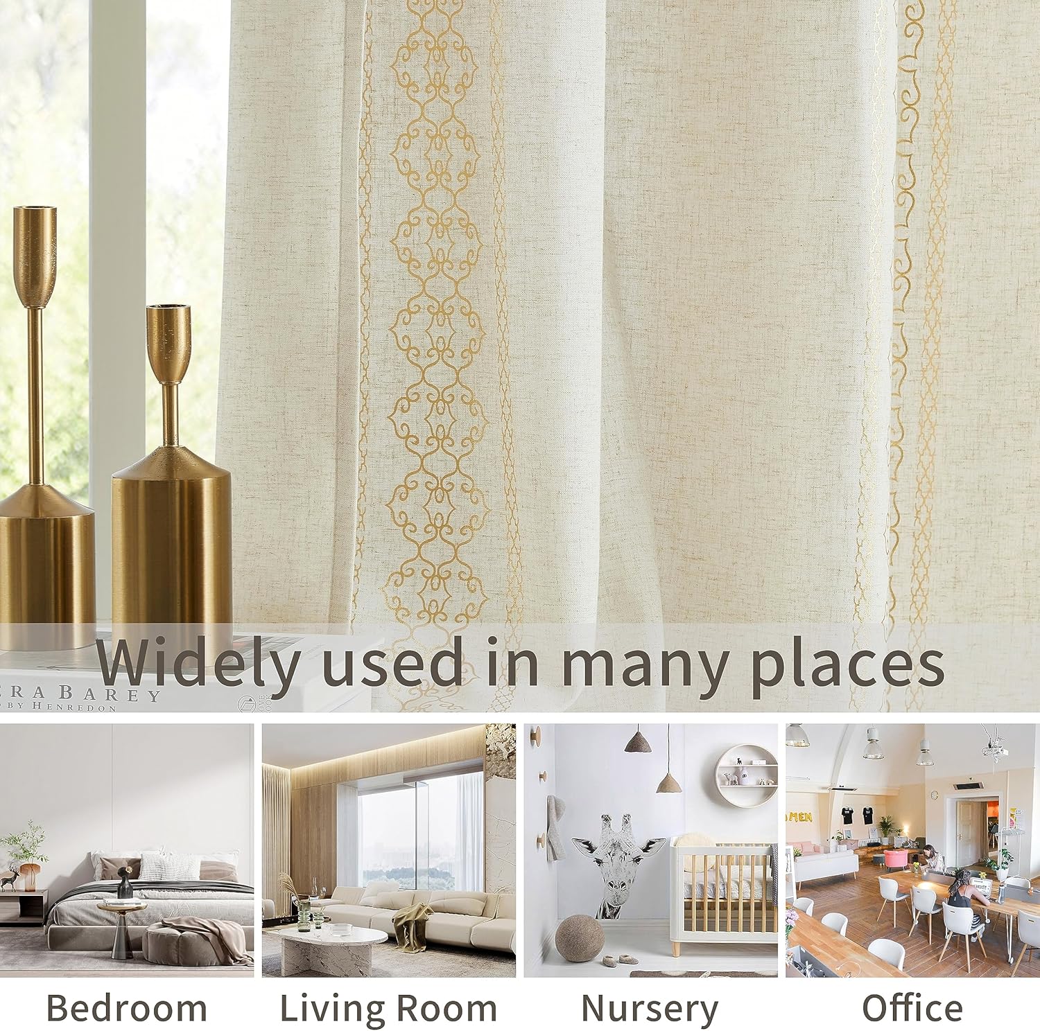 ZHOCHI Cortinas de lino para ventana, con estampado metálico de rayas bohemias, de mezcla natural, con ojales en la parte superior,