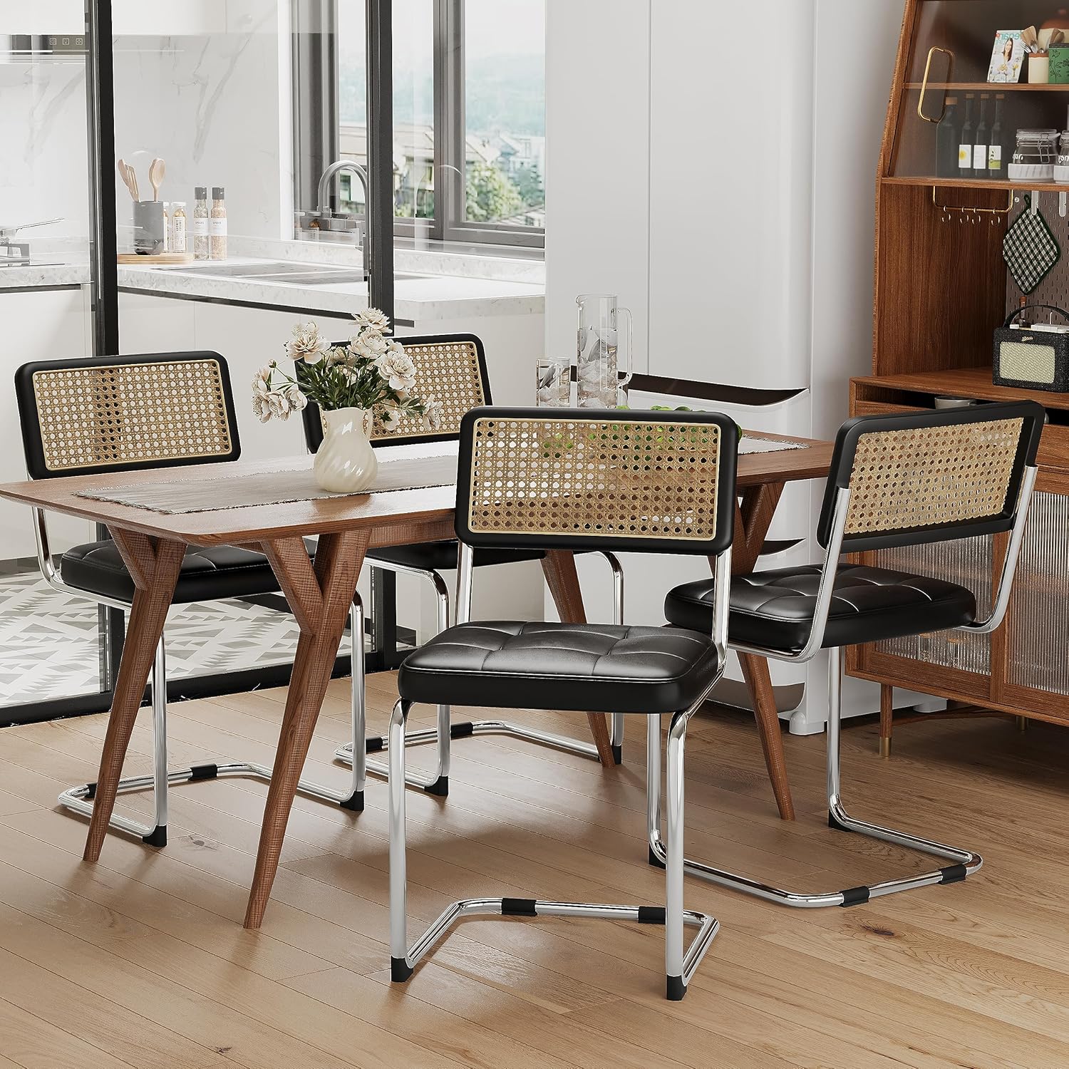 Alunaune Juego de 2 sillas de comedor modernas de mediados de siglo, silla decorativa tapizada de ratán natural, sillas laterales sin brazos con