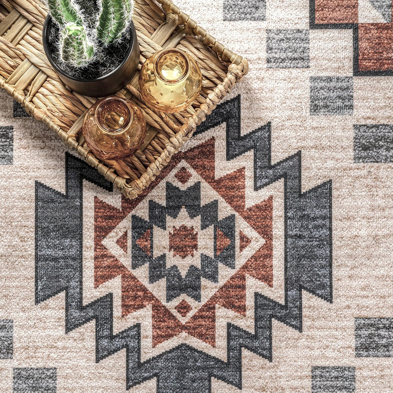 nuLOOM Leighton – Alfombra ultrafina lavable a máquina, medallón suroeste, 6 pies, cuadrada, color beige