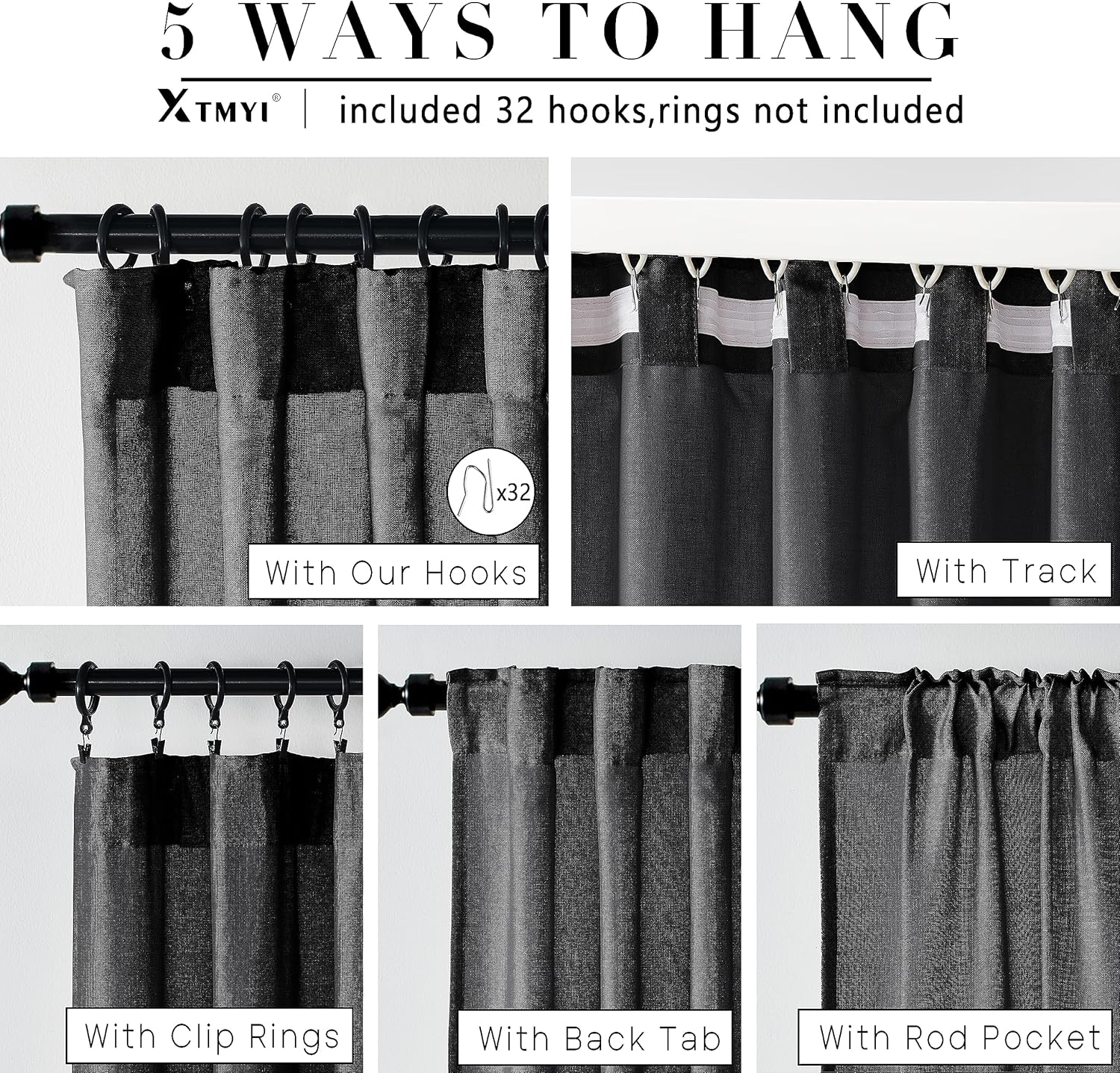 XTMYI Cortinas negras de 108 pulgadas de largo para puerta corrediza de vidrio, juego de 2 paneles de ganchos de lino, cortinas plisadas para telón