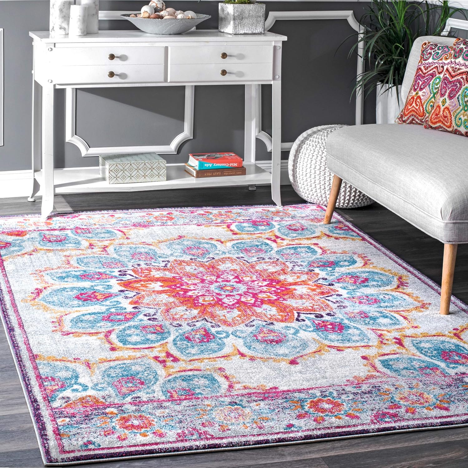 nuLOOM Kiyoko – Alfombra de gran tamaño, diseño floral, color turquesa de 2′ 8″ x 8′, Tela, Rosado